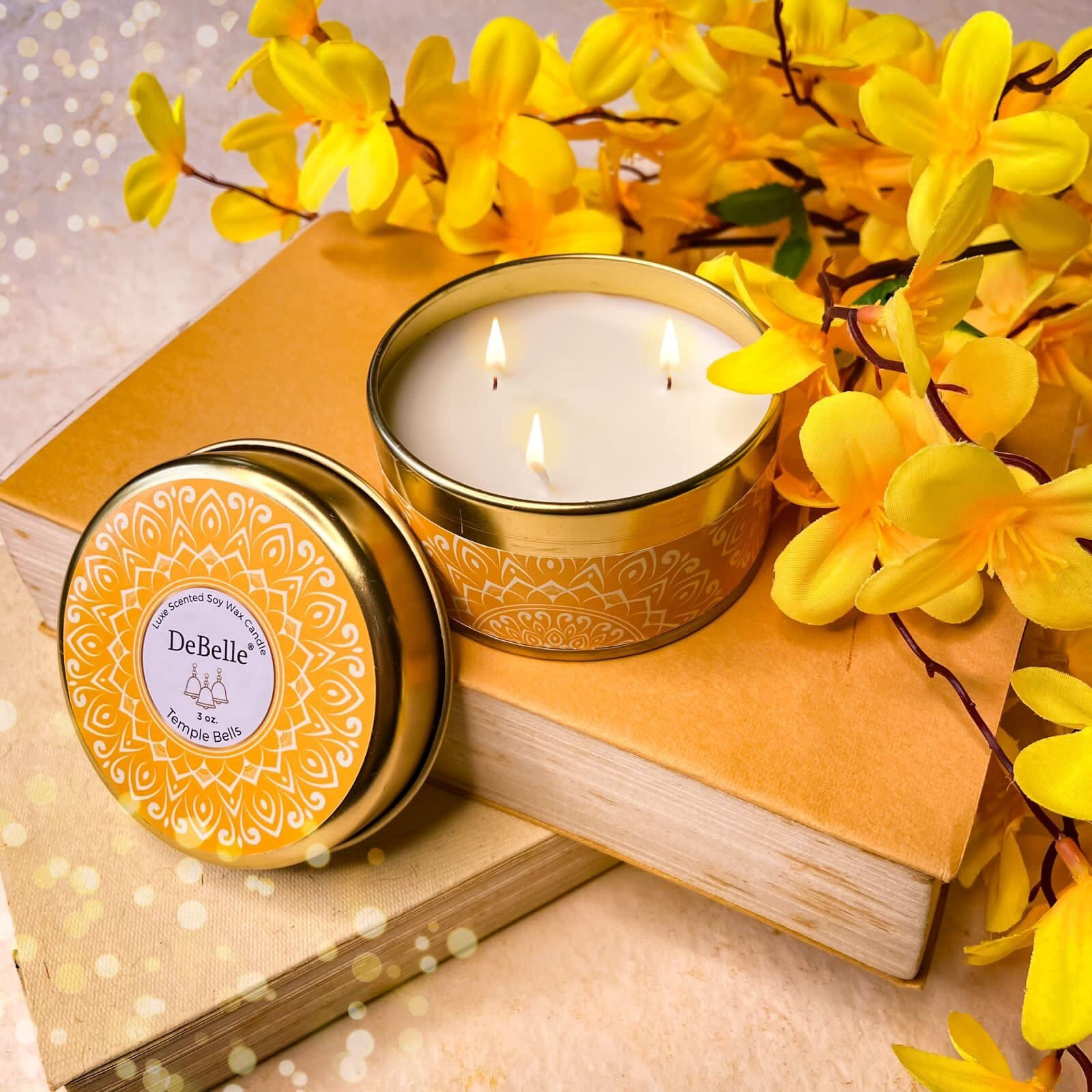 DeBelle Luxe Scented Soy Wax Candle - Temple Bells | Upto 14 Hours| Best Gift, Decoration, Celebration Fresh| Reusable Tin| Travel friendly Scented Candle