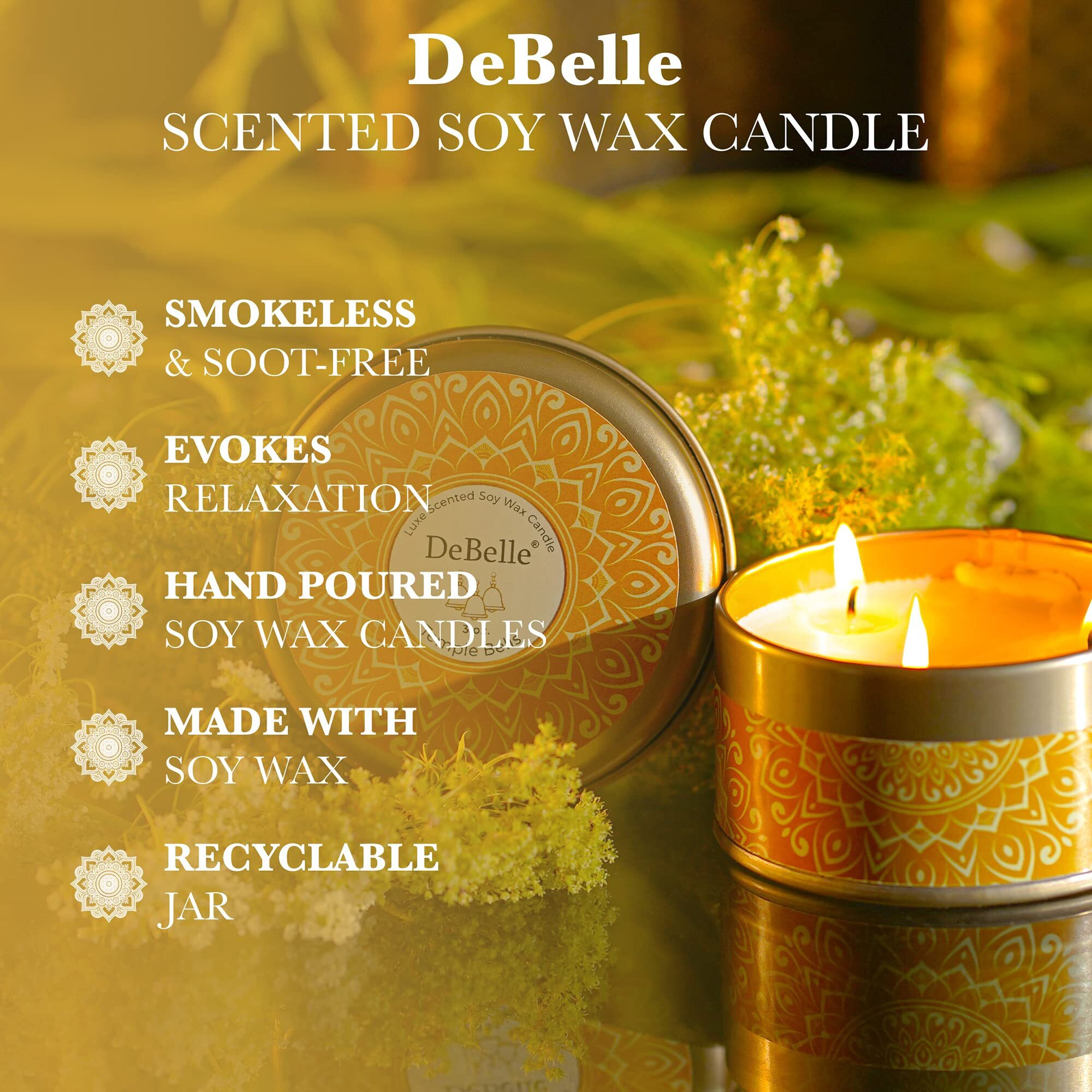 DeBelle Luxe Scented Soy Wax Candle - Temple Bells | Upto 14 Hours| Best Gift, Decoration, Celebration Fresh| Reusable Tin| Travel friendly Scented Candle
