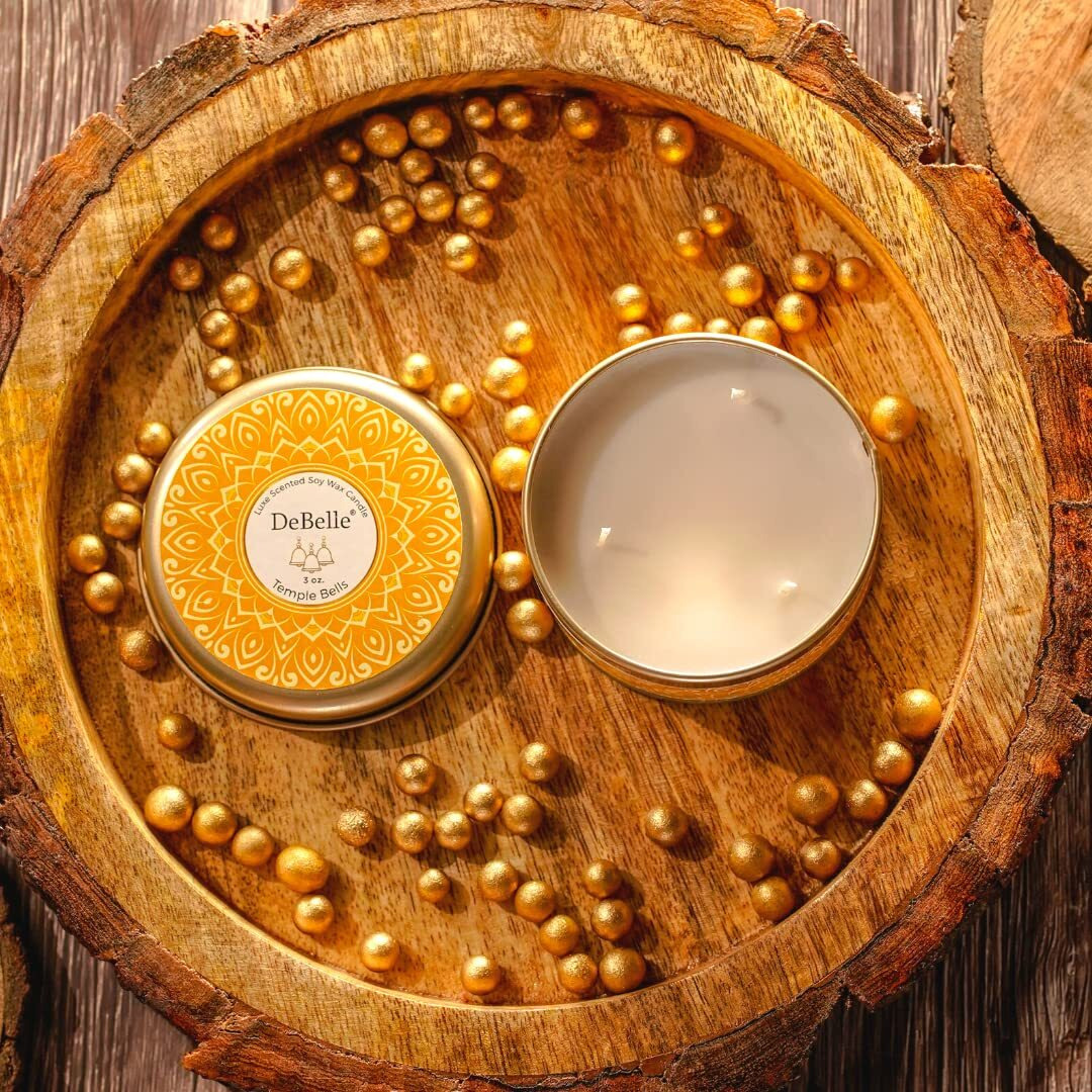 DeBelle Luxe Scented Soy Wax Candle - Temple Bells | Upto 14 Hours| Best Gift, Decoration, Celebration Fresh| Reusable Tin| Travel friendly Scented Candle