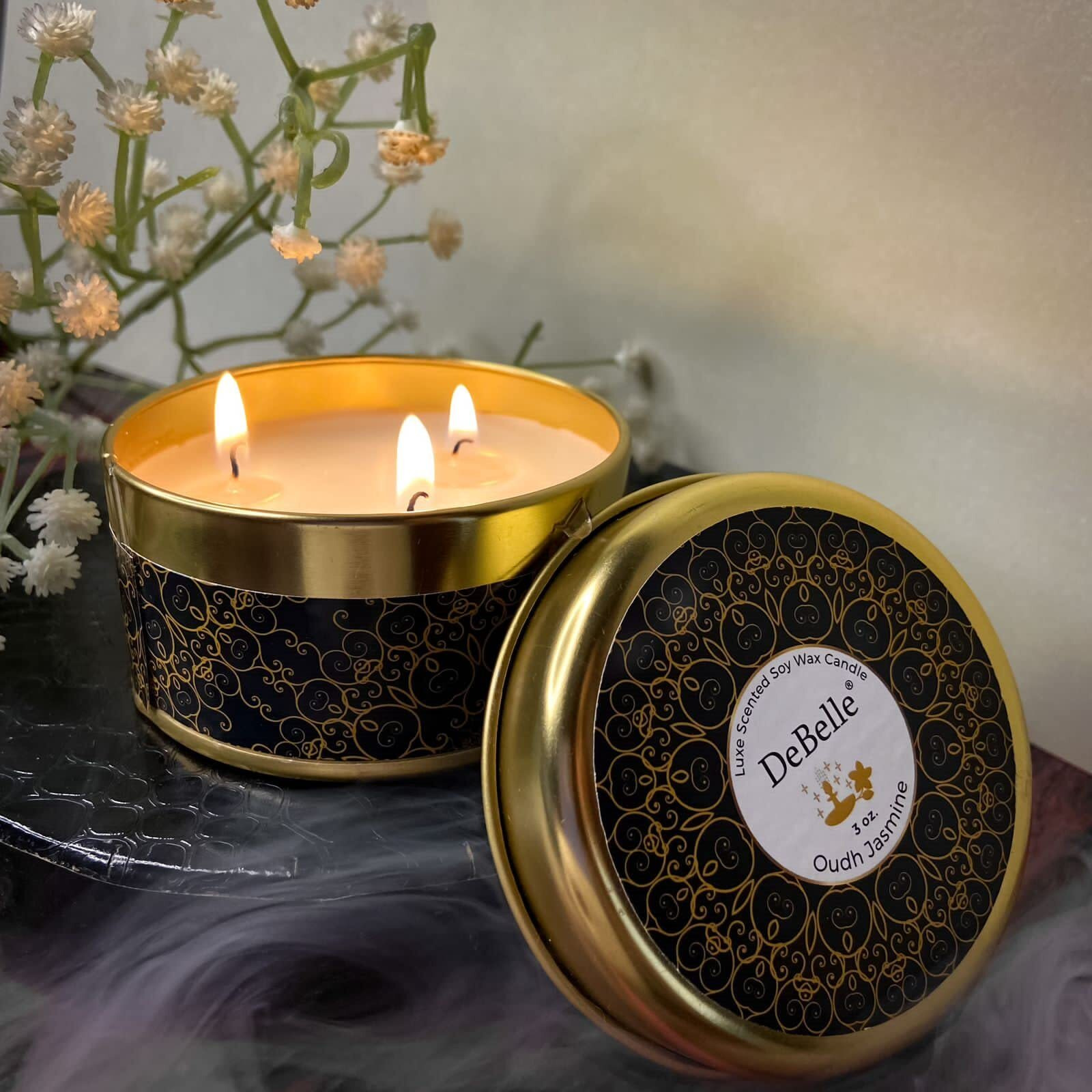 DeBelle Luxe Scented Soy Wax Candle - Oudh Jasmine | Upto 14 Hours| Best Gift, Decoration, Celebration Floral| Reusable Tin| Travel friendly Scented Candle