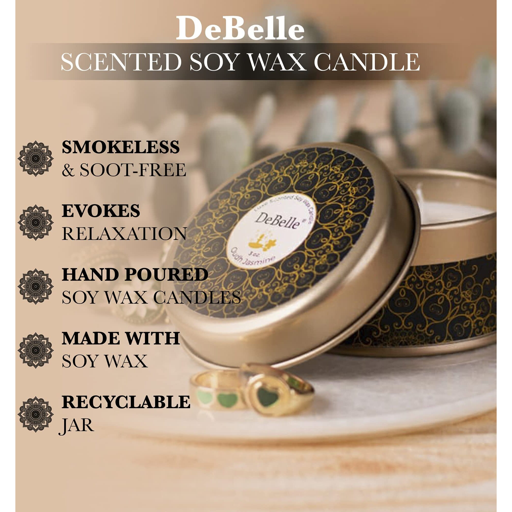 DeBelle Luxe Scented Soy Wax Candle - Oudh Jasmine | Upto 14 Hours| Best Gift, Decoration, Celebration Floral| Reusable Tin| Travel friendly Scented Candle