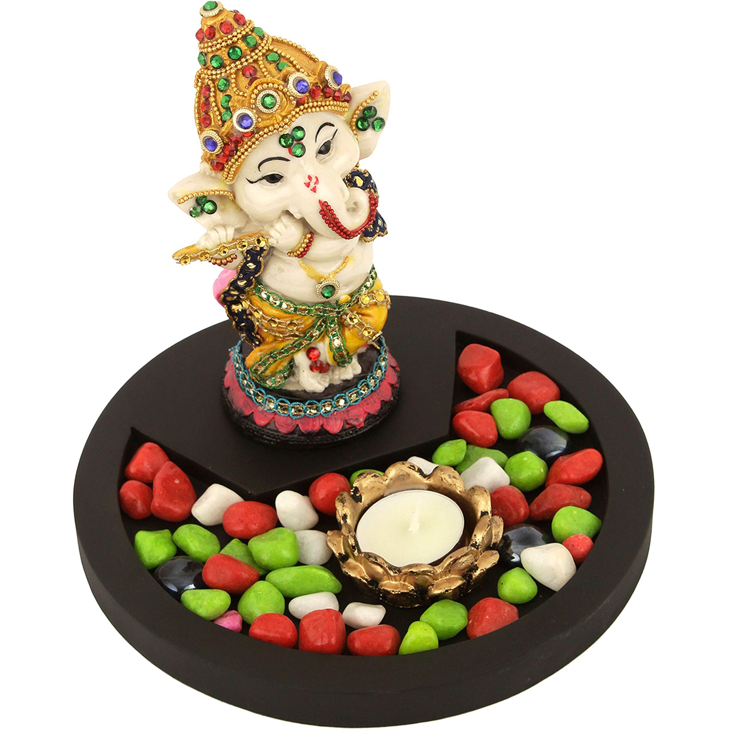 TIED RIBBONS Ganesha Idol Playing Bansuri with Wooden Flower Tealight Candle Holder Statue Showpiece - Decoration Items for Home Decor Mandir Living Room Pooja Room Office Table Gifts