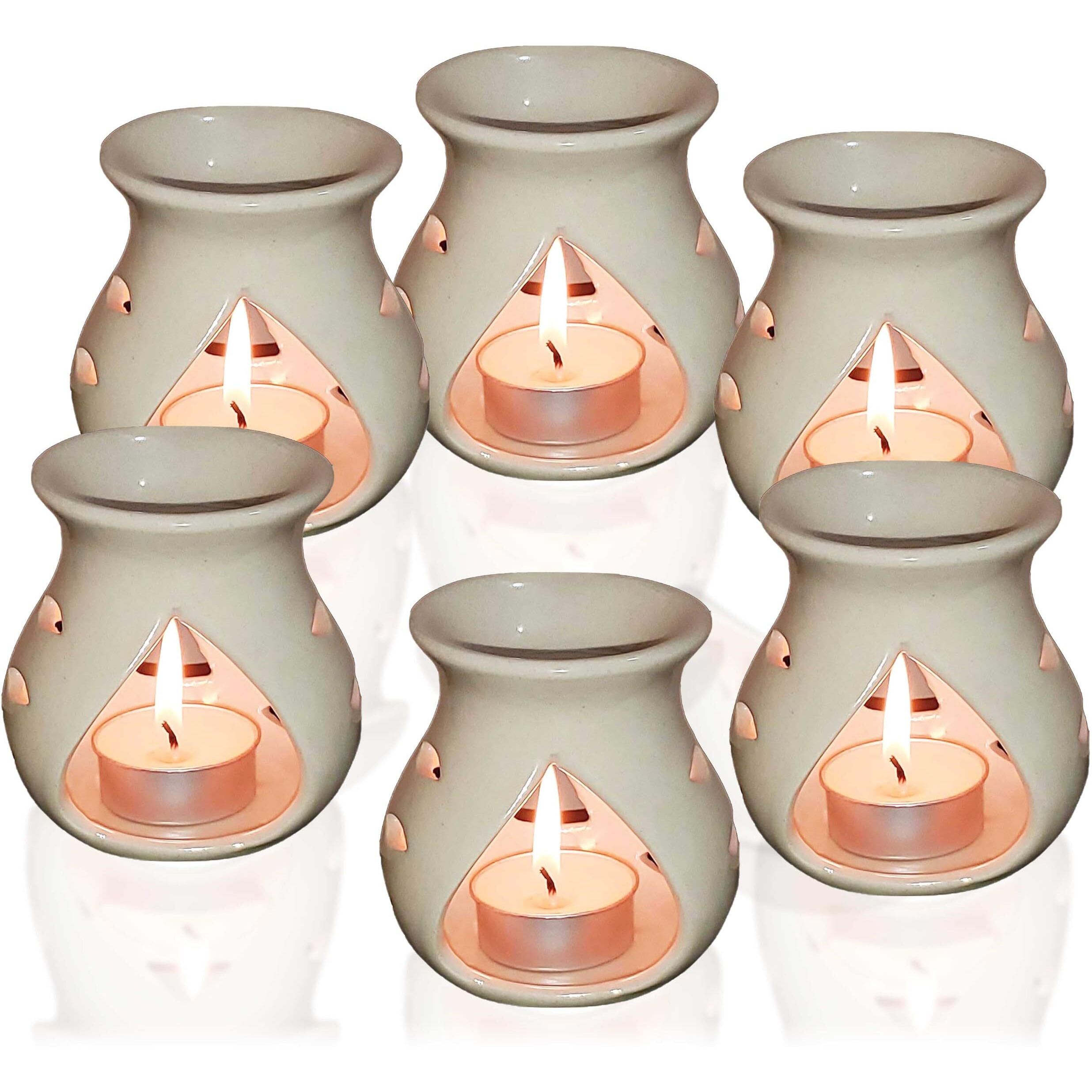 Pure Source India Ceramic Clay Oil Burner |Oil Diffuser |Aroma Diffuser, Set of 6 Coming with 6 Tea Light Candle (Off White- 3.5Inch)