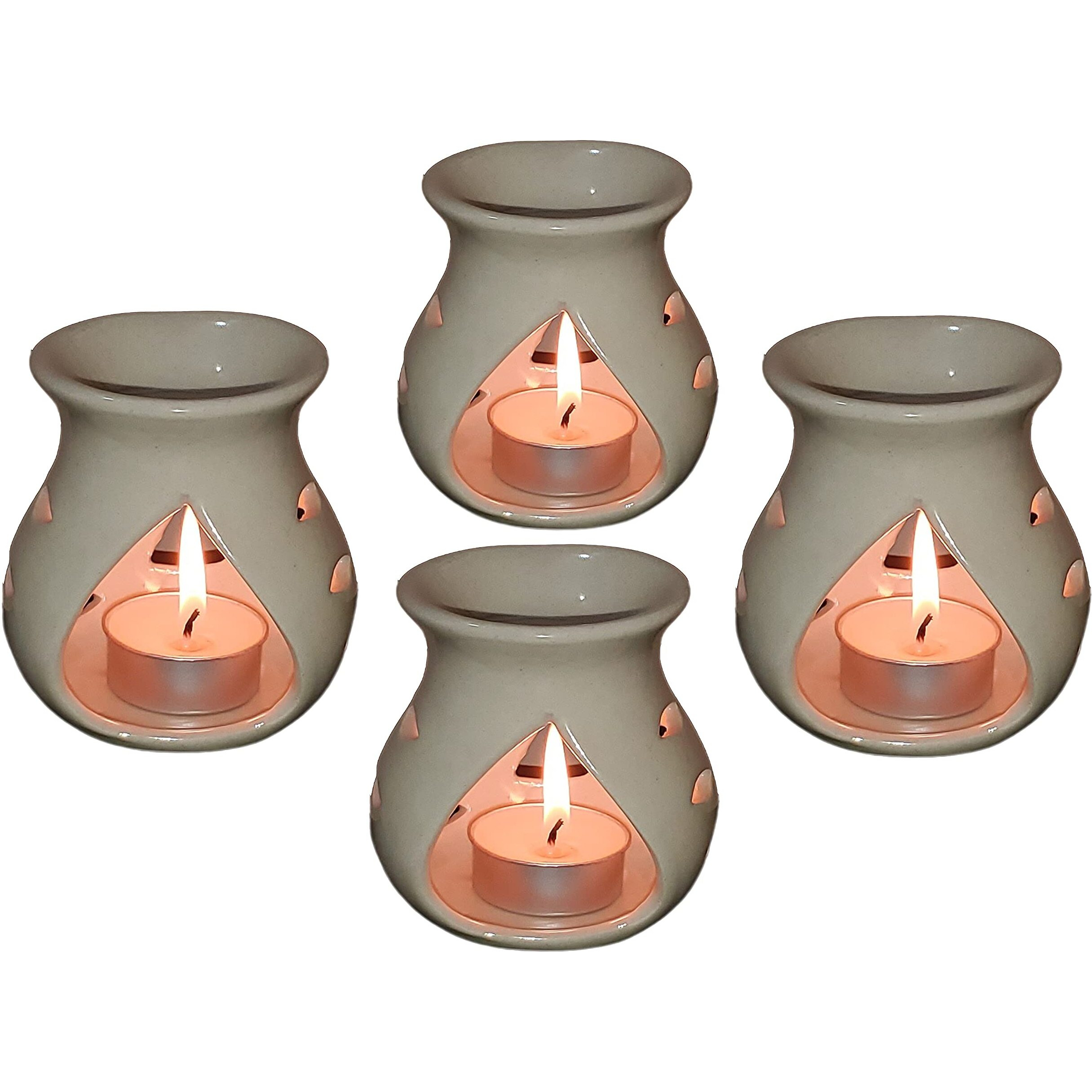 Pure Source India Ceramic Clay Oil Burner |Oil Diffuser |Aroma Diffuser, Set of 4 Coming with 4 Tea Light Candle (Off White- 3.5Inch)