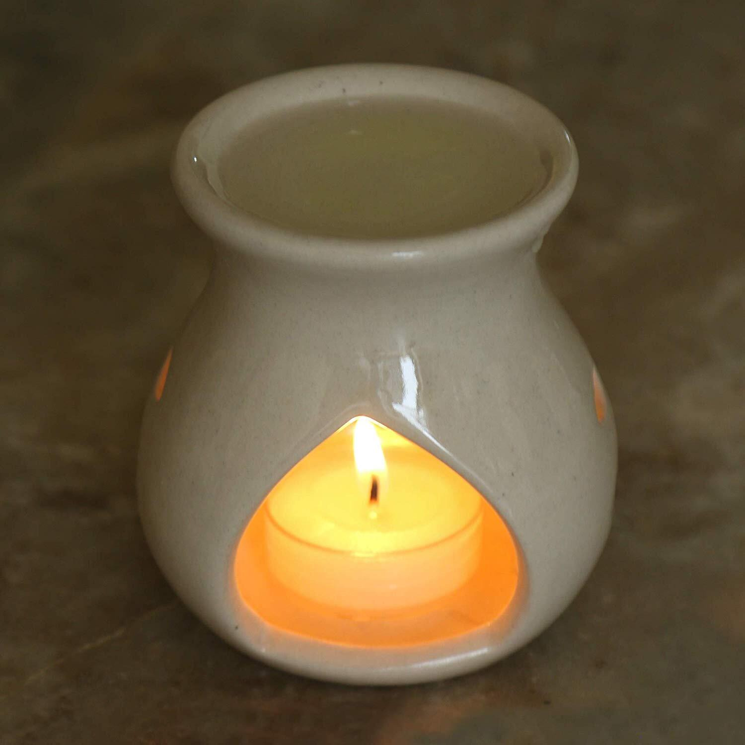 Pure Source India Ceramic Clay Oil Burner |Oil Diffuser |Aroma Diffuser, Set of 4 Coming with 4 Tea Light Candle (Off White- 3.5Inch)