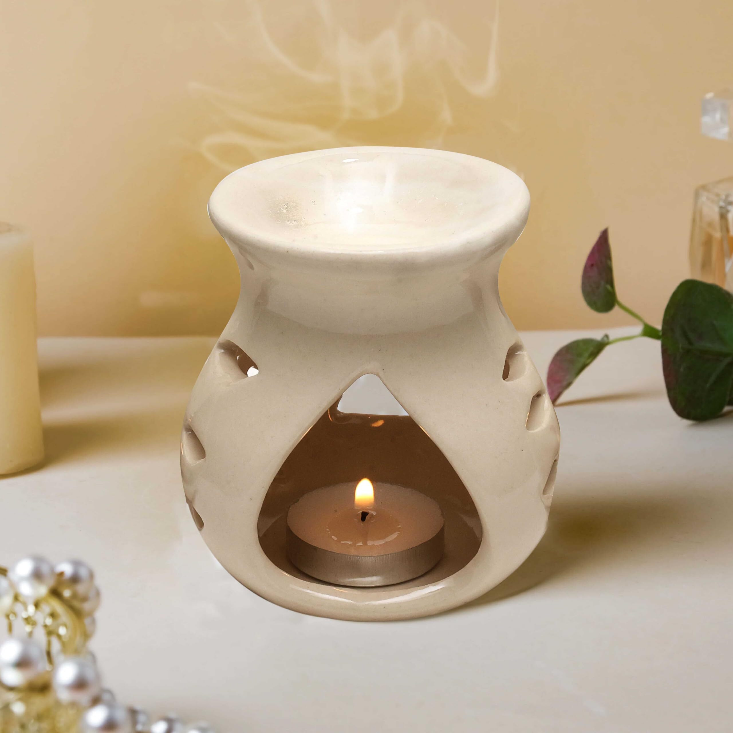 Pure Source India Ceramic Clay Oil Burner |Oil Diffuser |Aroma Diffuser, Set of 1 Coming with 1 Tea Light Candle (Off White- 3.5Inch)