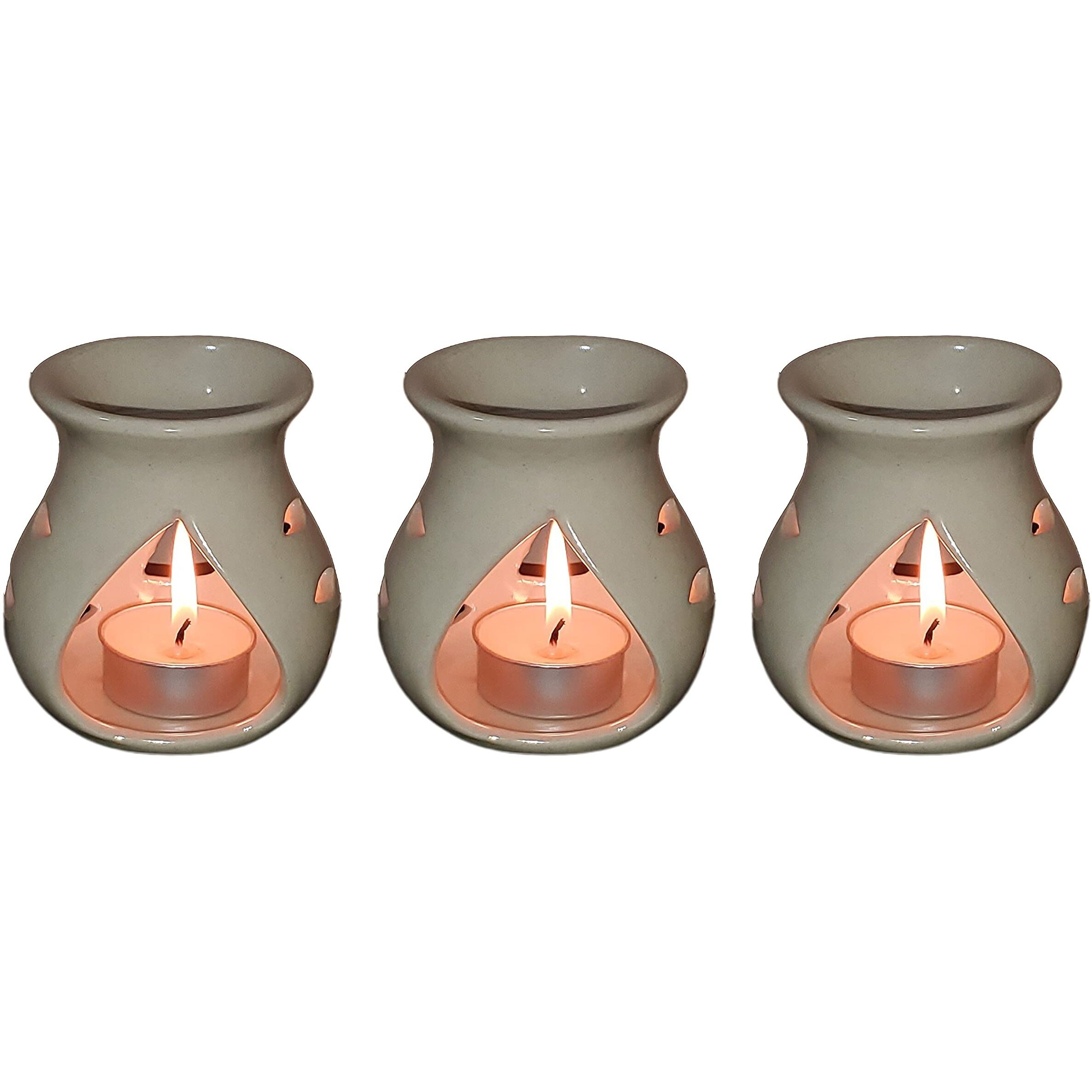 Pure Source India Ceramic Clay Oil Burner |Oil Diffuser |Aroma Diffuser, Set of 3 Coming with 3 Tea Light Candle (Off White- 3.5Inch)