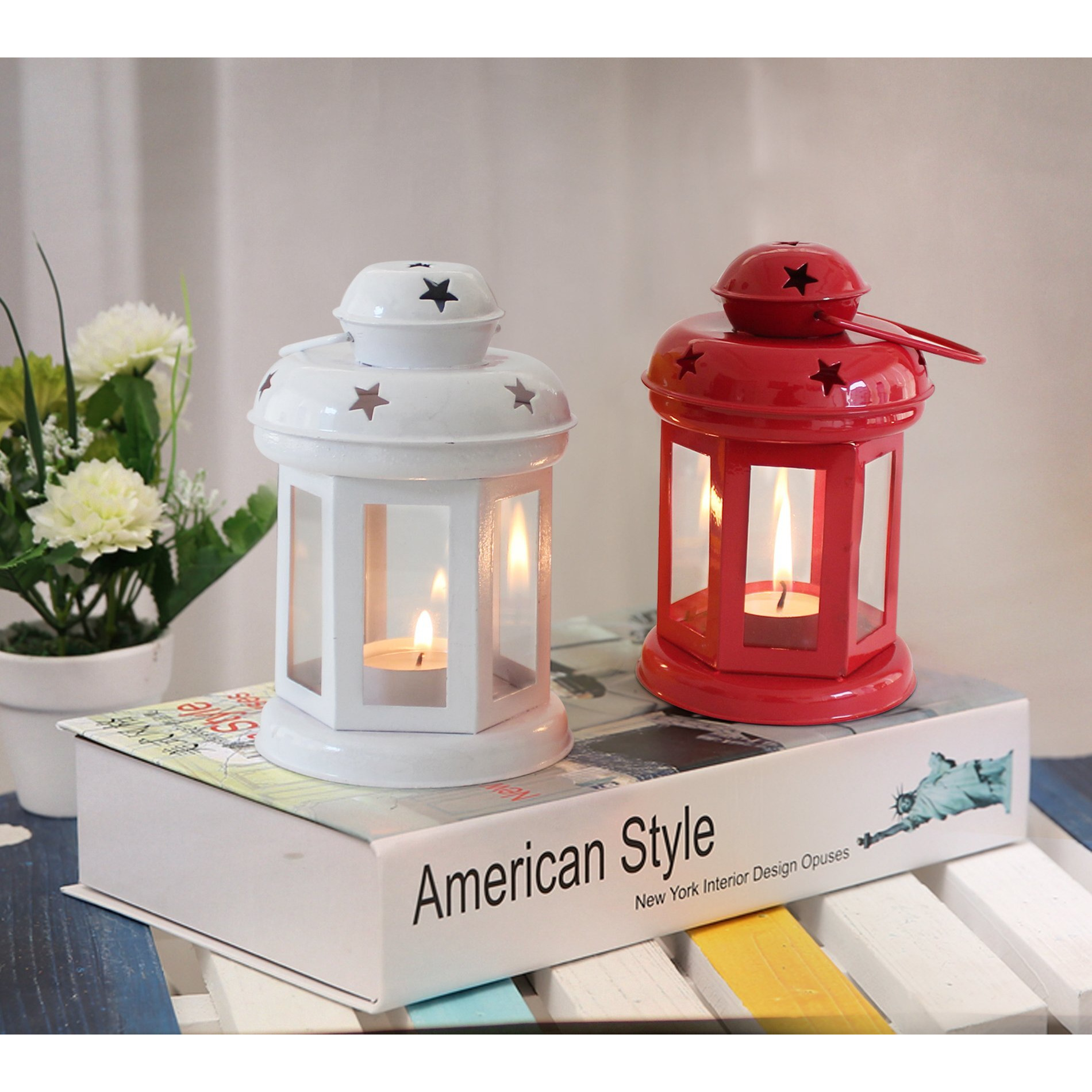 TIED RIBBONS Set of 2 Hanging Lantern Tealight Candle Holder for Table Home Decoration - Decorations Items for Home Decor and Gifts (White and Red)