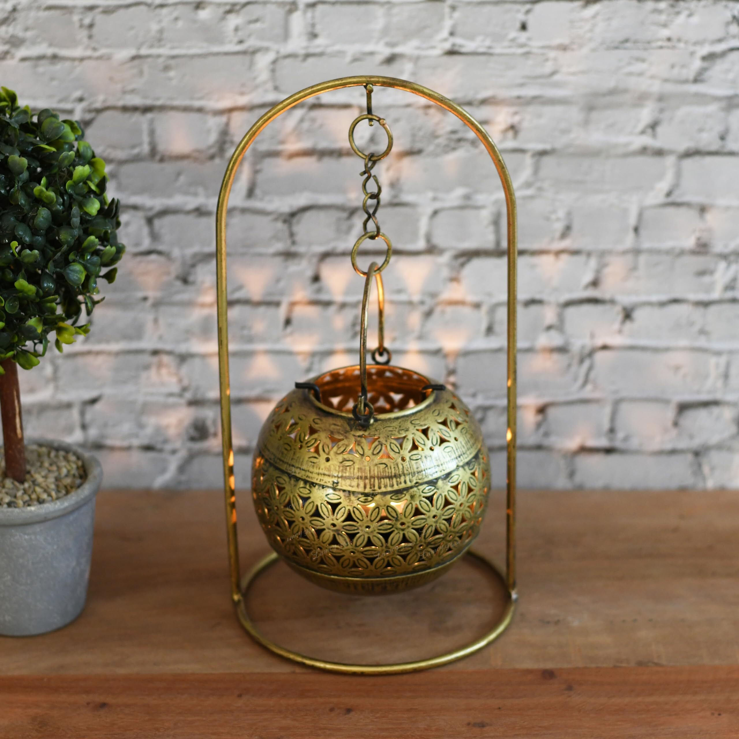 Lamcy Plaza Rajasthani Art Metal Tea Light Candle and Dhoop Holder | Table Decor | Dhoop Dani | Incense Burner | Antique Gold Finish | Size  L6 X W6 X H11.5 Inches | Pack of 1