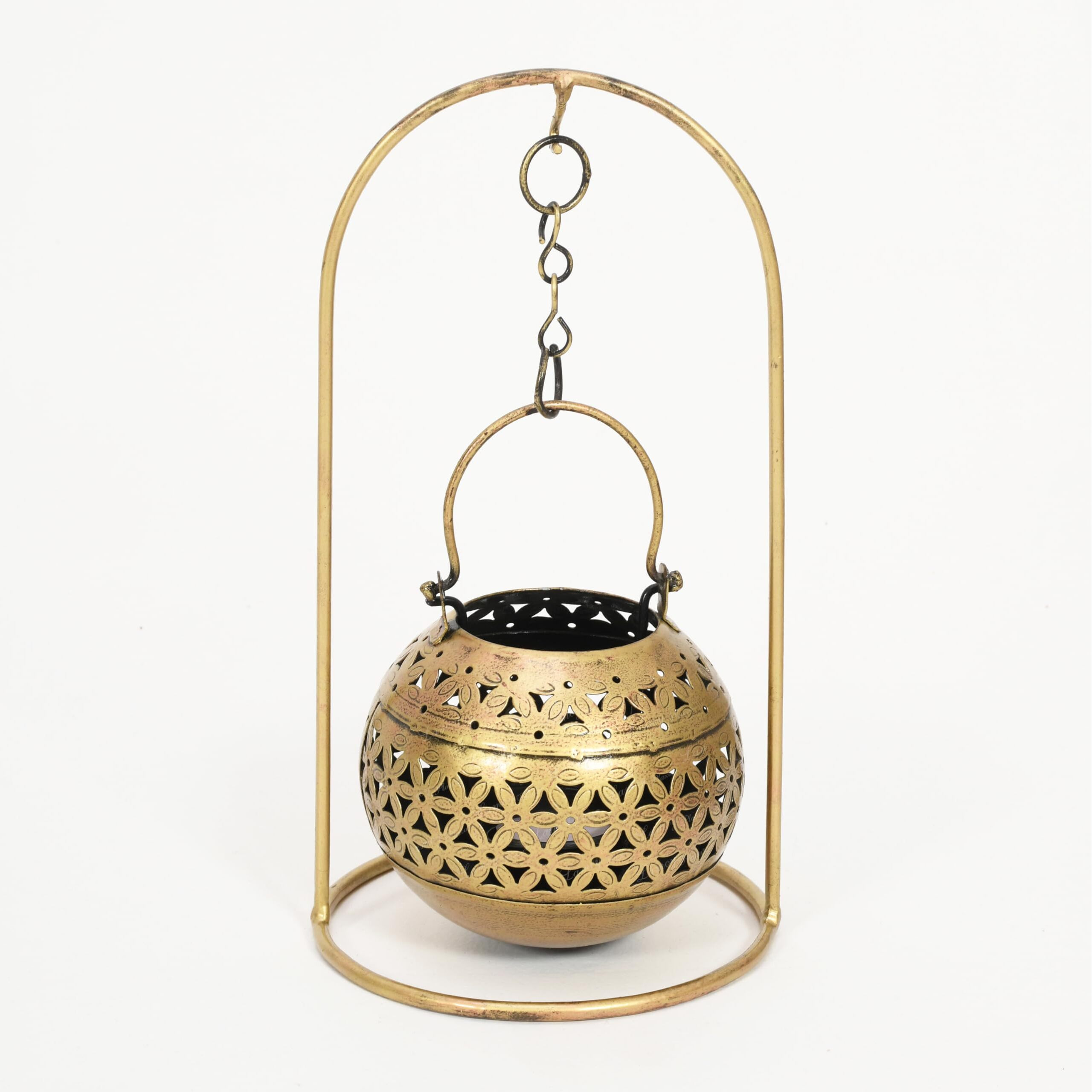 Lamcy Plaza Rajasthani Art Metal Tea Light Candle and Dhoop Holder | Table Decor | Dhoop Dani | Incense Burner | Antique Gold Finish | Size  L6 X W6 X H11.5 Inches | Pack of 1