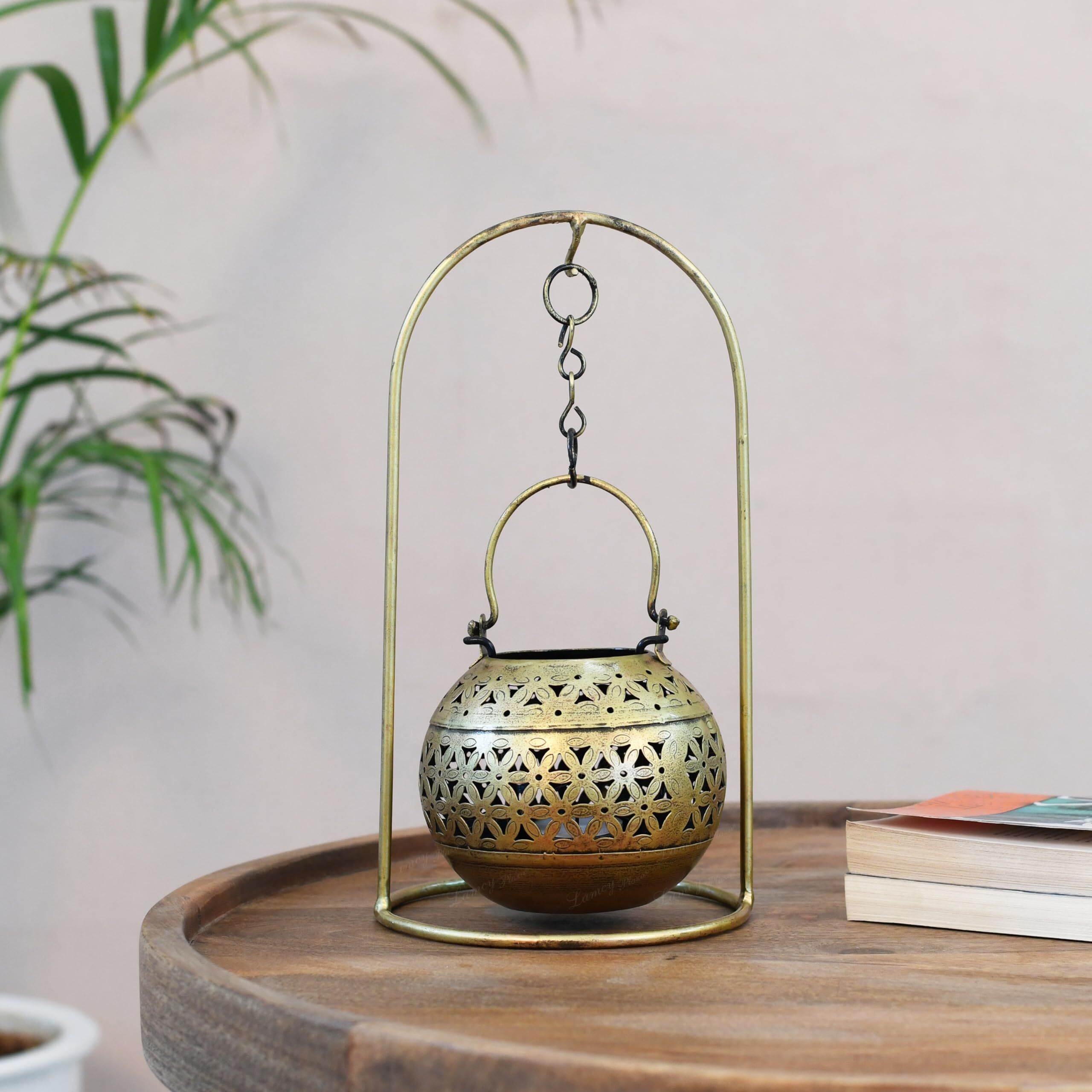 Lamcy Plaza Rajasthani Art Metal Tea Light Candle and Dhoop Holder | Table Decor | Dhoop Dani | Incense Burner | Antique Gold Finish | Size  L6 X W6 X H11.5 Inches | Pack of 1