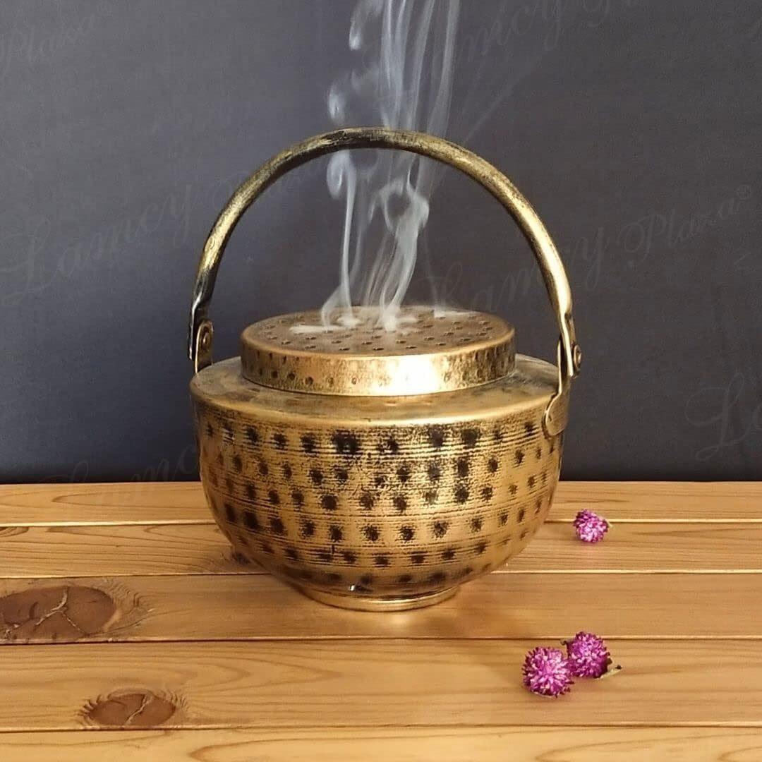 Lamcy Plaza Metal Vintage Finish Dhoop Dani Pot | Tea Light Candle Holder | Heritage Decor | Incense Dhoop Holder | Antique Golden Finish |