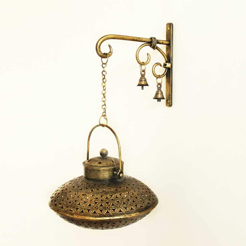 Lamcy Plaza Antique Iron Degchi Doop Stand & Tealight Candle Holder for Home Decor | Degchi Style Incense Dhoop and Tealight Holder Size  Degchi L9 x W9 X H8.5 | Bracket L8 X W1 X H8 INCHES |