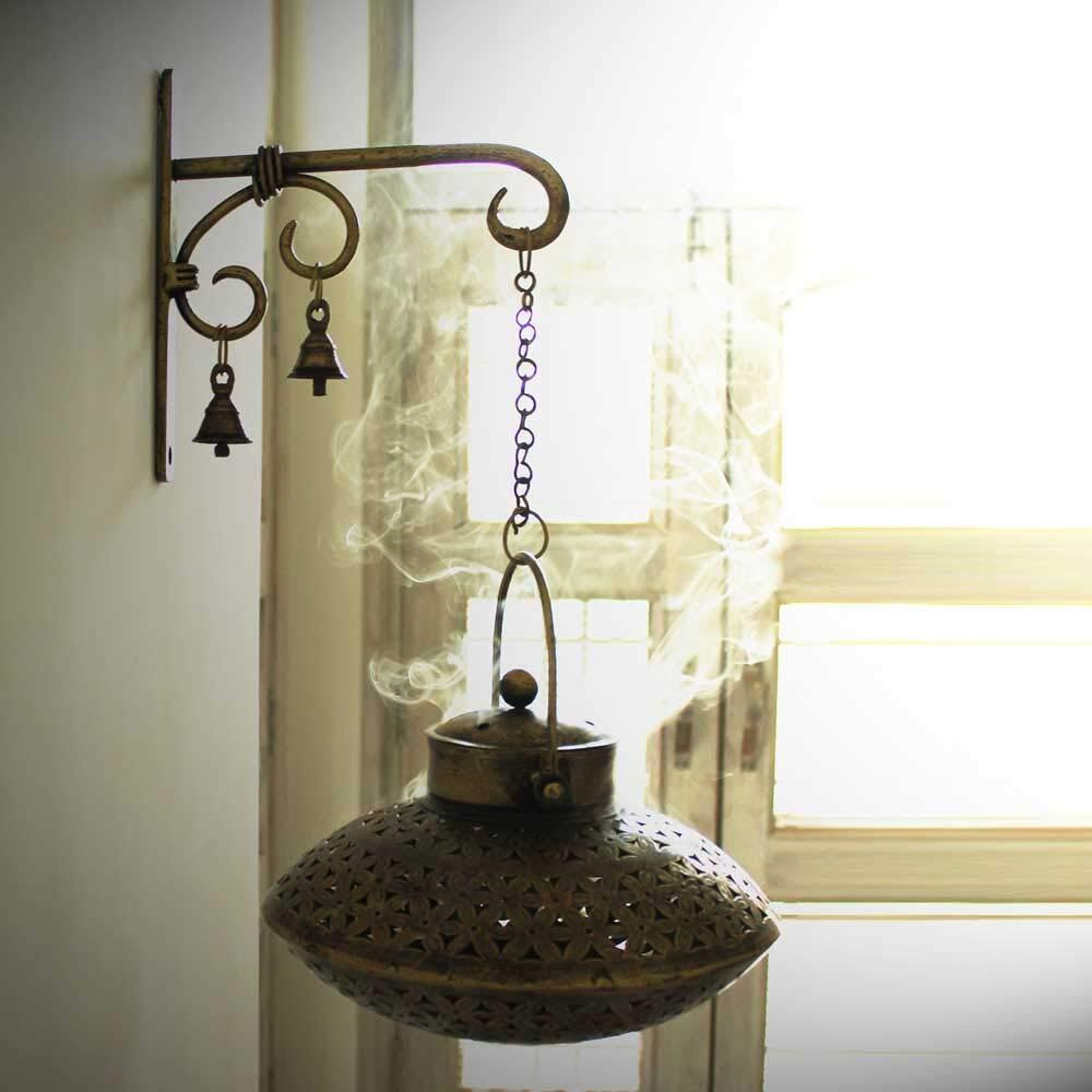 Lamcy Plaza Antique Iron Degchi Doop Stand & Tealight Candle Holder for Home Decor | Degchi Style Incense Dhoop and Tealight Holder Size  Degchi L9 x W9 X H8.5 | Bracket L8 X W1 X H8 INCHES |