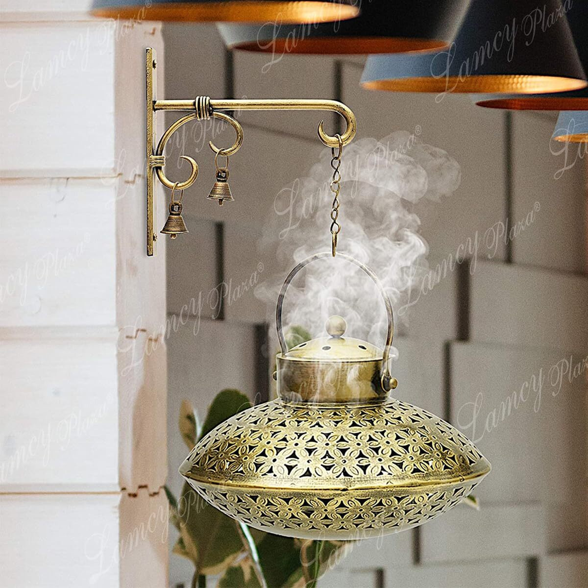Lamcy Plaza Antique Iron Degchi Doop Stand & Tealight Candle Holder for Home Decor | Degchi Style Incense Dhoop and Tealight Holder Size  Degchi L9 x W9 X H8.5 | Bracket L8 X W1 X H8 INCHES |