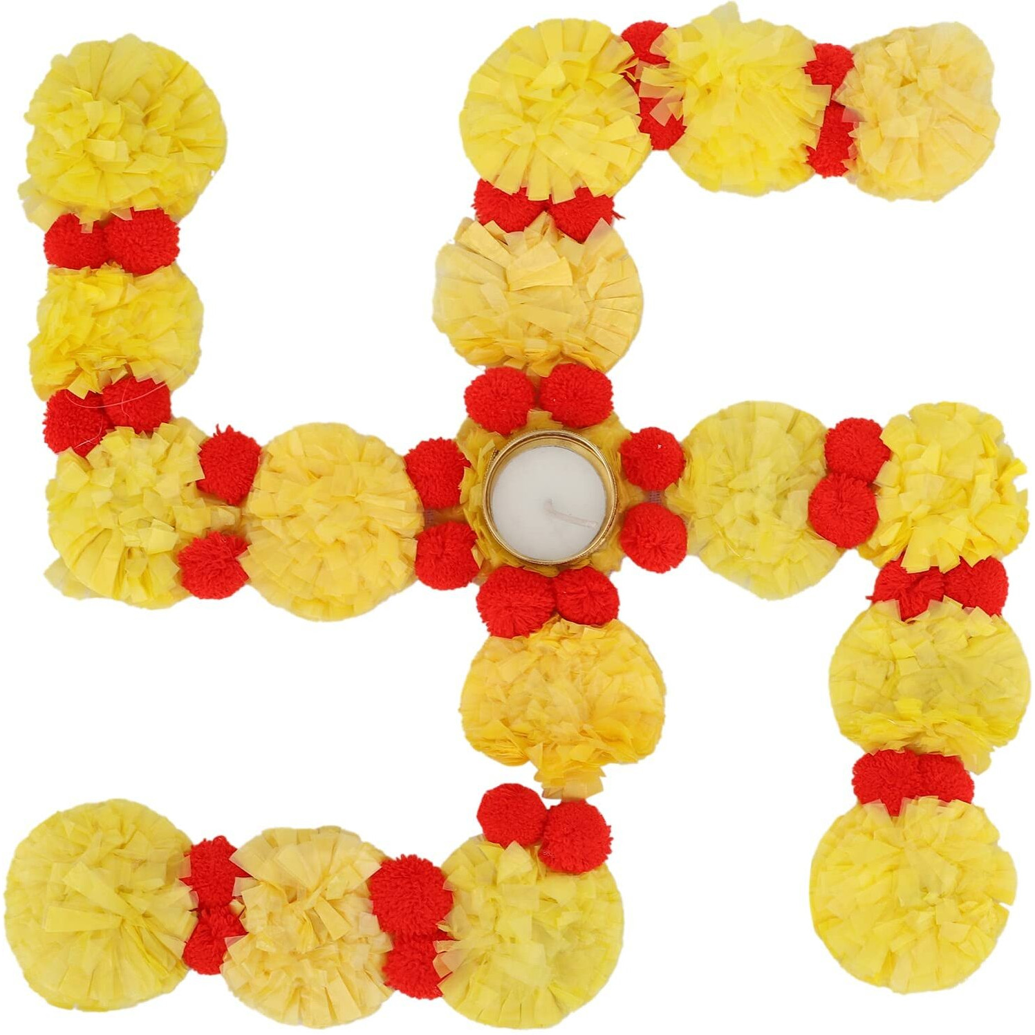 Kalakriti Artificial Floral Toran Garland Temple Pooja Decoration Satiya/swastik Rangoli with Free Tealight Candle/Deepak Holder and Pompom, Home Dcor Accessories,12 Inch,Yellow and Red, 1 Pc