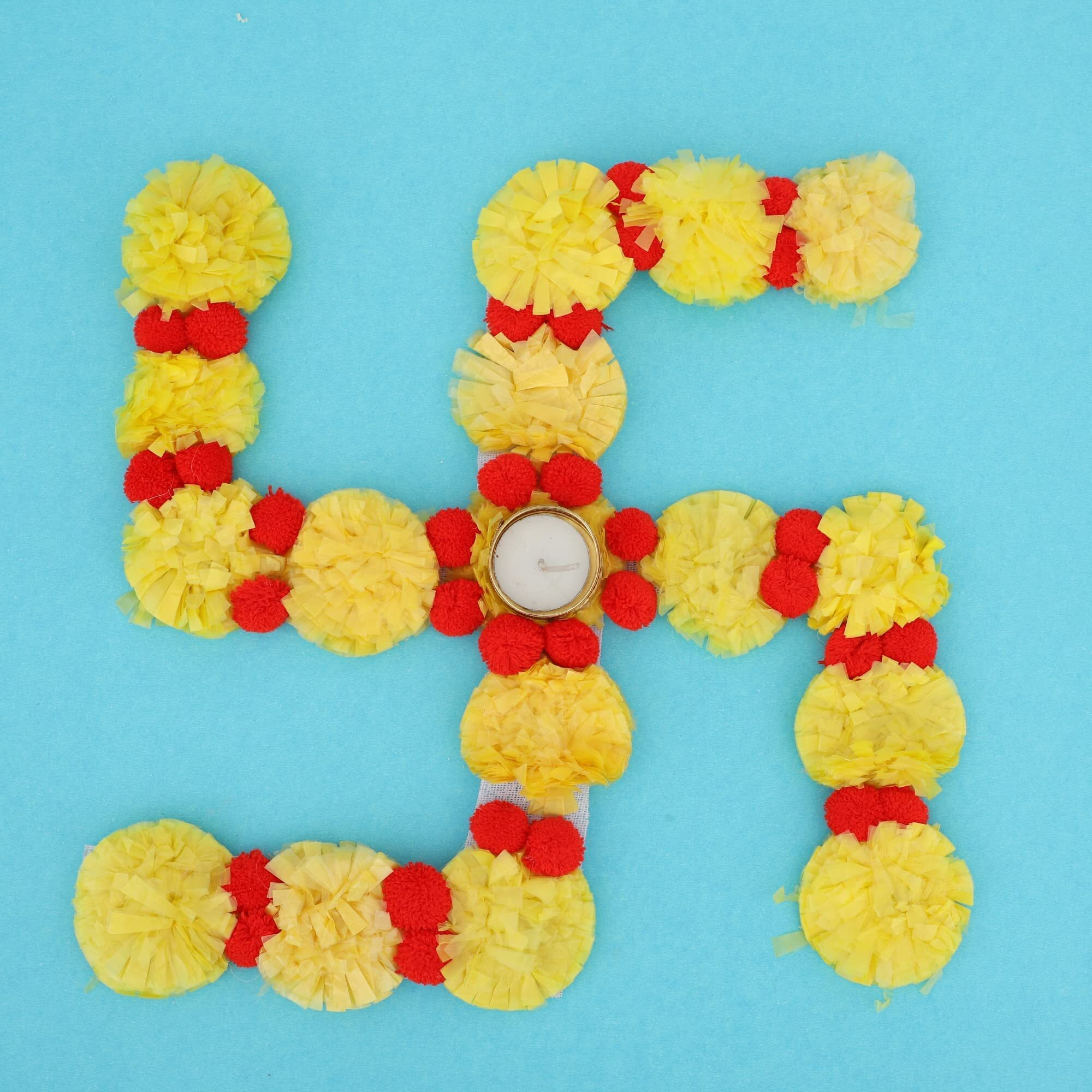 Kalakriti Artificial Floral Toran Garland Temple Pooja Decoration Satiya/swastik Rangoli with Free Tealight Candle/Deepak Holder and Pompom, Home Dcor Accessories,12 Inch,Yellow and Red, 1 Pc