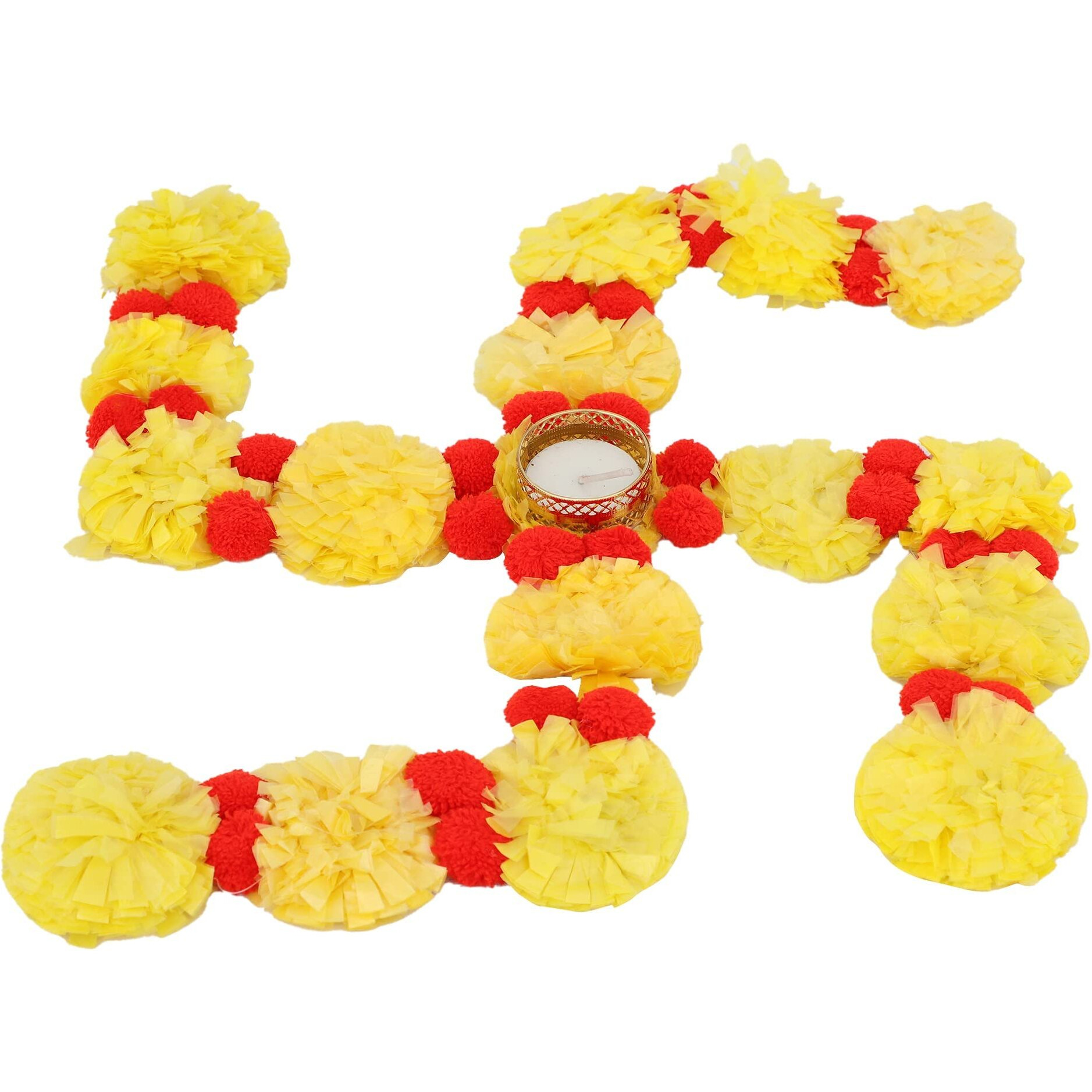 Kalakriti Artificial Floral Toran Garland Temple Pooja Decoration Satiya/swastik Rangoli with Free Tealight Candle/Deepak Holder and Pompom, Home Dcor Accessories,12 Inch,Yellow and Red, 1 Pc