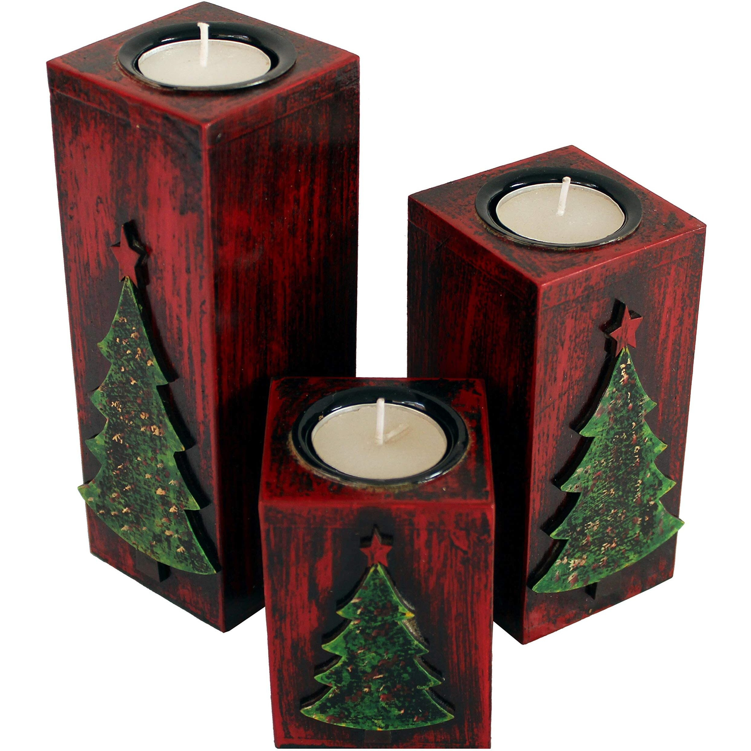 Lamcy Plaza Wooden Pillar Tealight Holder for Home Decor | Decorative Showpieces | Candle Light Dinner Decor | Tealight Candle Holder for Living Room | Table Decor | Set of 3 |