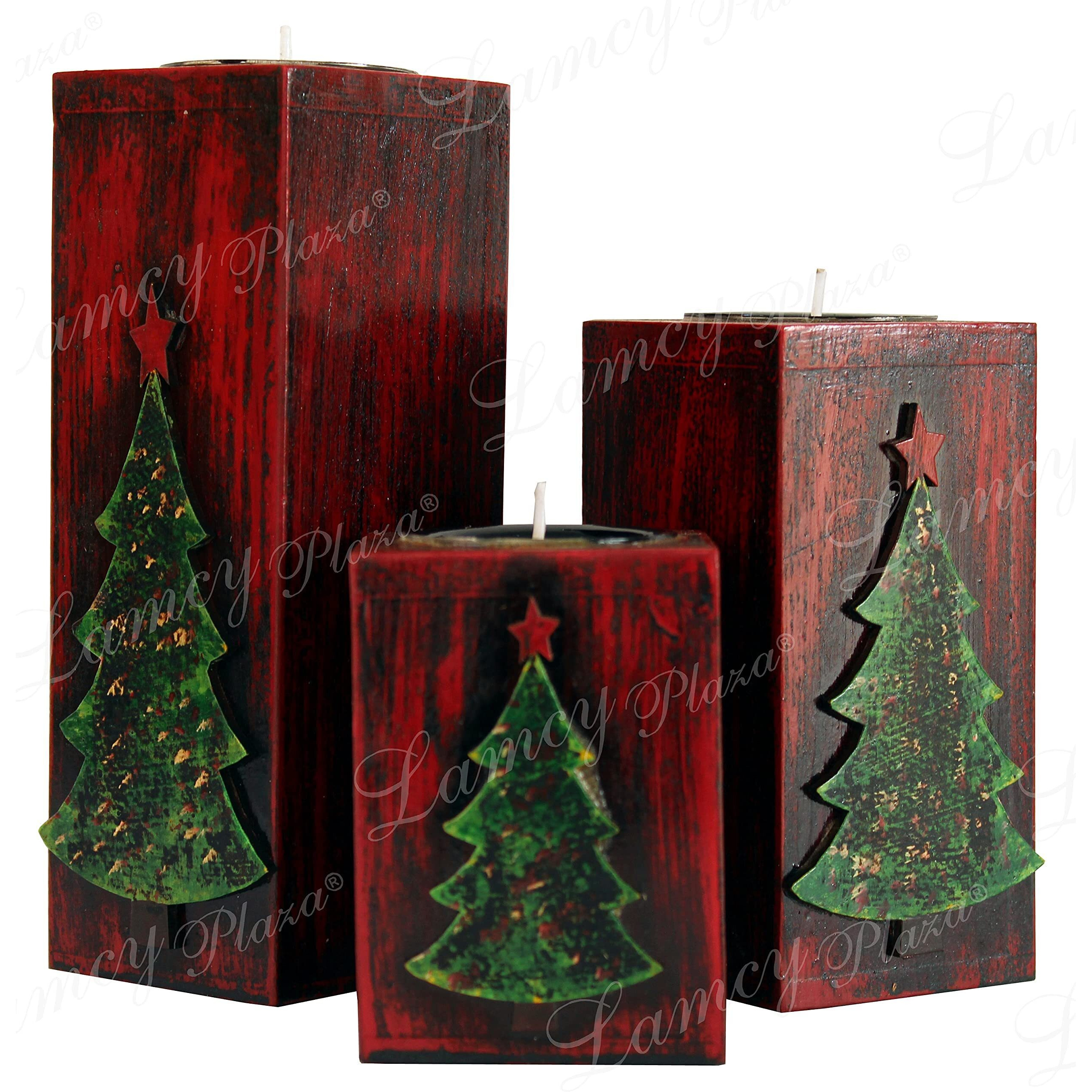 Lamcy Plaza Wooden Pillar Tealight Holder for Home Decor | Decorative Showpieces | Candle Light Dinner Decor | Tealight Candle Holder for Living Room | Table Decor | Set of 3 |