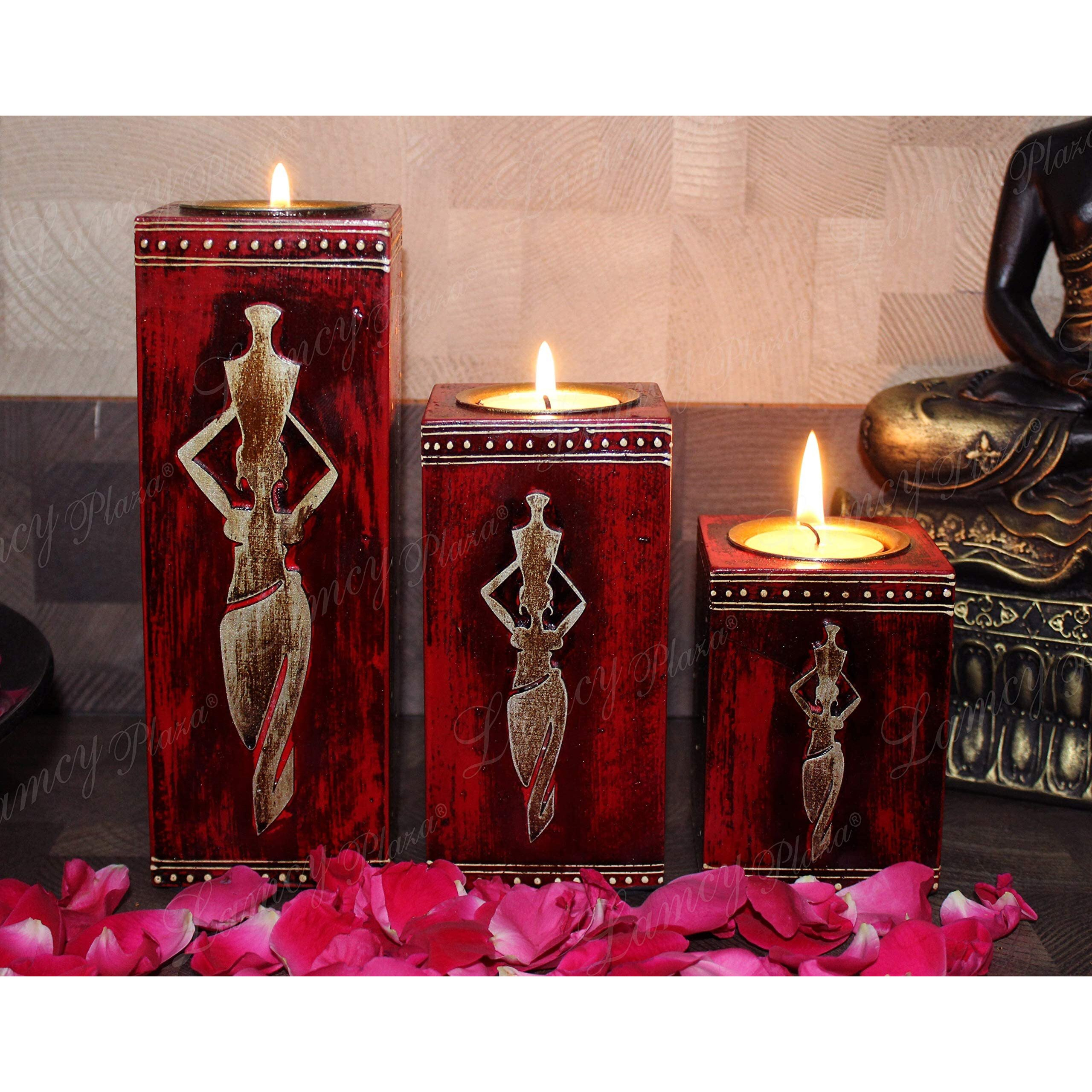 Lamcy Plaza Handmade Wooden Tea Light Candle Holder|Rustic Home Decor|Christmas|Livingroom|Valentine|Anniversaries|Table Top Candle Holder|Set Of 3, Red