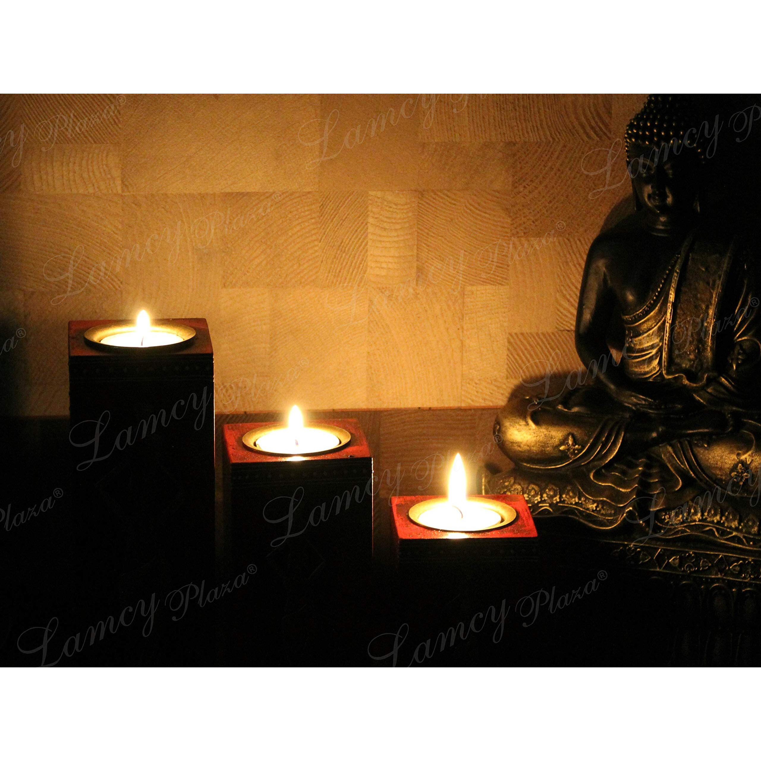 Lamcy Plaza Handmade Wooden Tea Light Candle Holder|Rustic Home Decor|Christmas|Livingroom|Valentine|Anniversaries|Table Top Candle Holder|Set Of 3, Red
