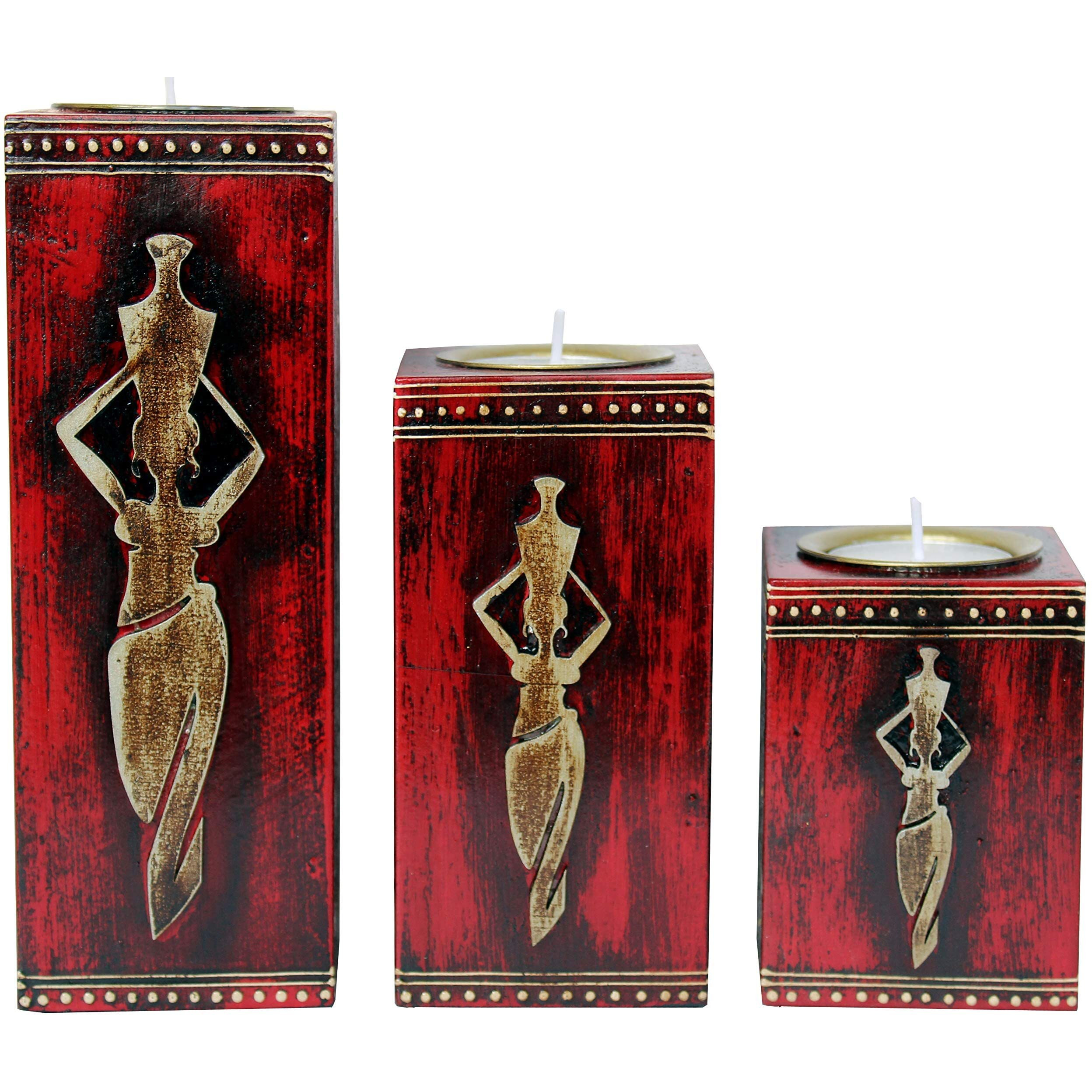 Lamcy Plaza Handmade Wooden Tea Light Candle Holder|Rustic Home Decor|Christmas|Livingroom|Valentine|Anniversaries|Table Top Candle Holder|Set Of 3, Red