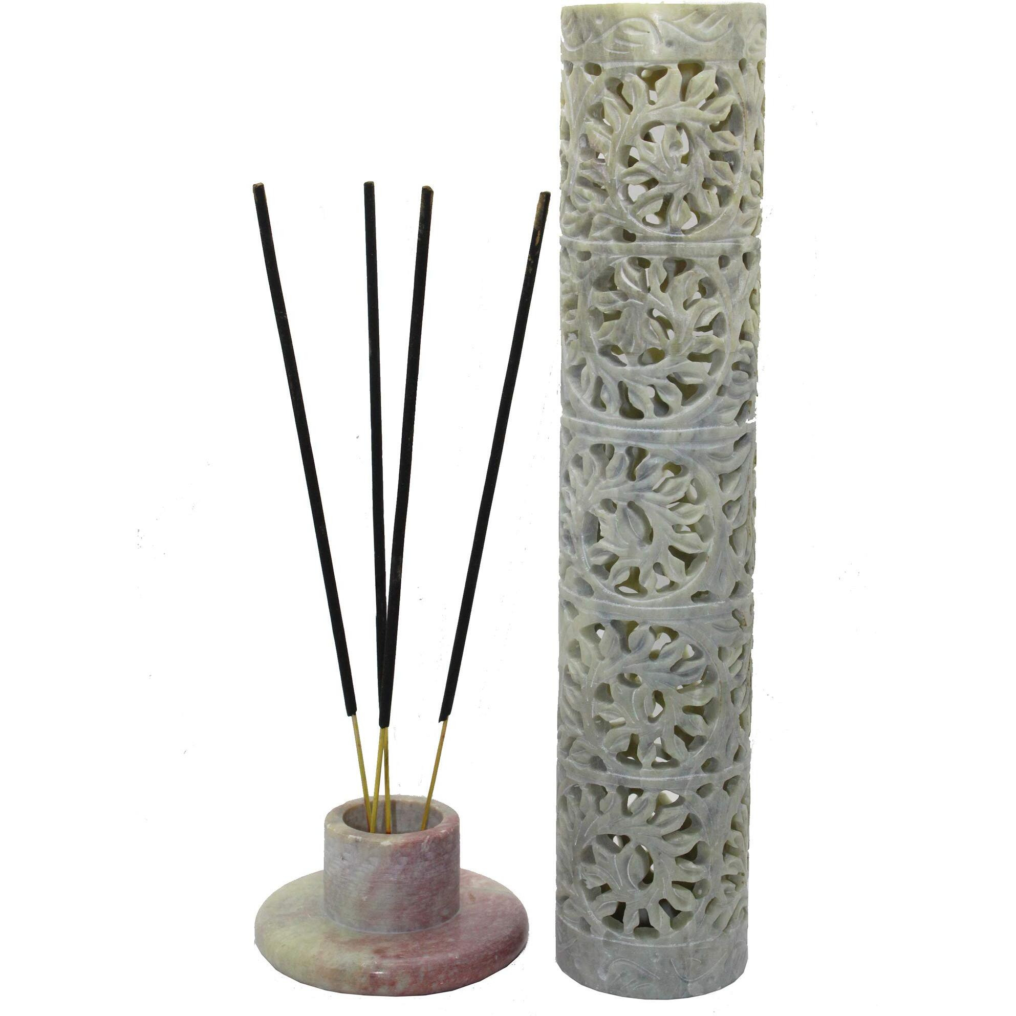 KC KULLICRAFT Handcrafted Soapstone Marble Work Incense Holder Tea Light Candle Holder Diffuser Agarbaati Stands (Free 6 Incense Sticks Lavender Fragnance)(Round Floral)