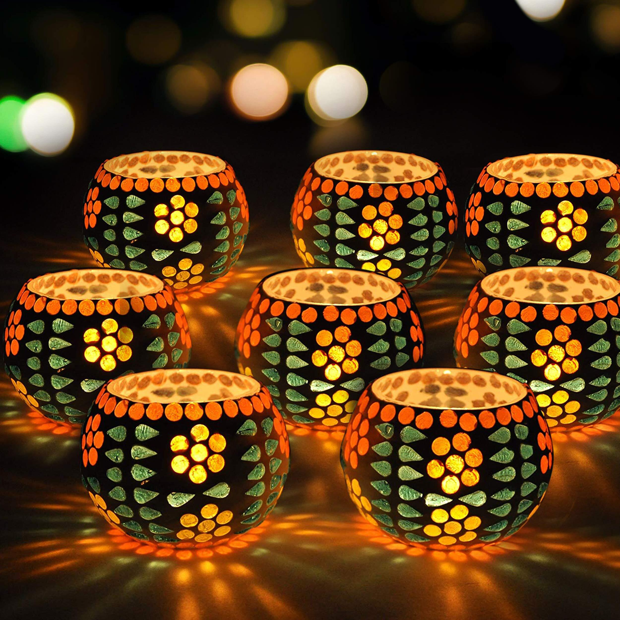 TIED RIBBONS Set of 8 Mosaic Glass Votives Tealight Candle Holders for Side or Center Table Dining Room Home Decoration and Gifts(Glass, Pack of 8)