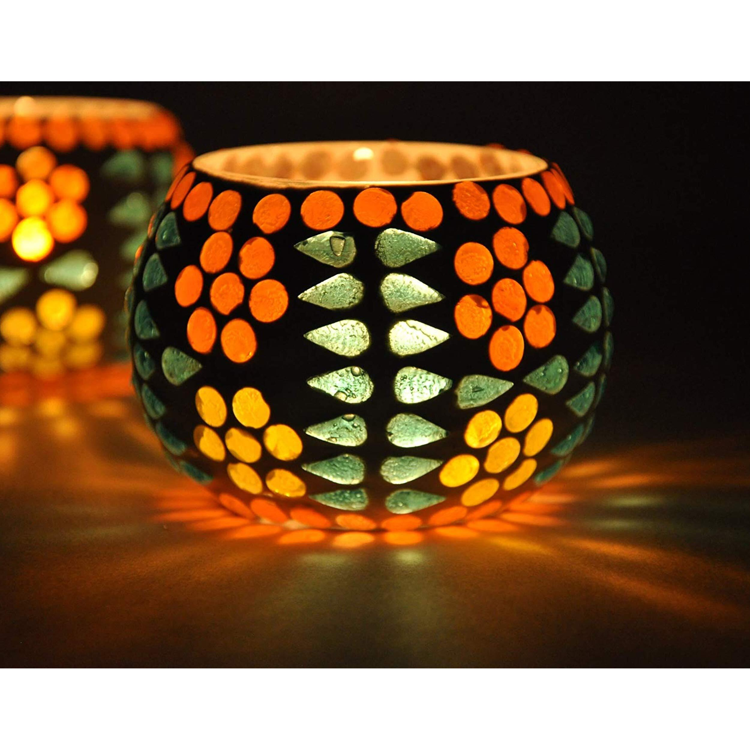 TIED RIBBONS Set of 8 Mosaic Glass Votives Tealight Candle Holders for Side or Center Table Dining Room Home Decoration and Gifts(Glass, Pack of 8)