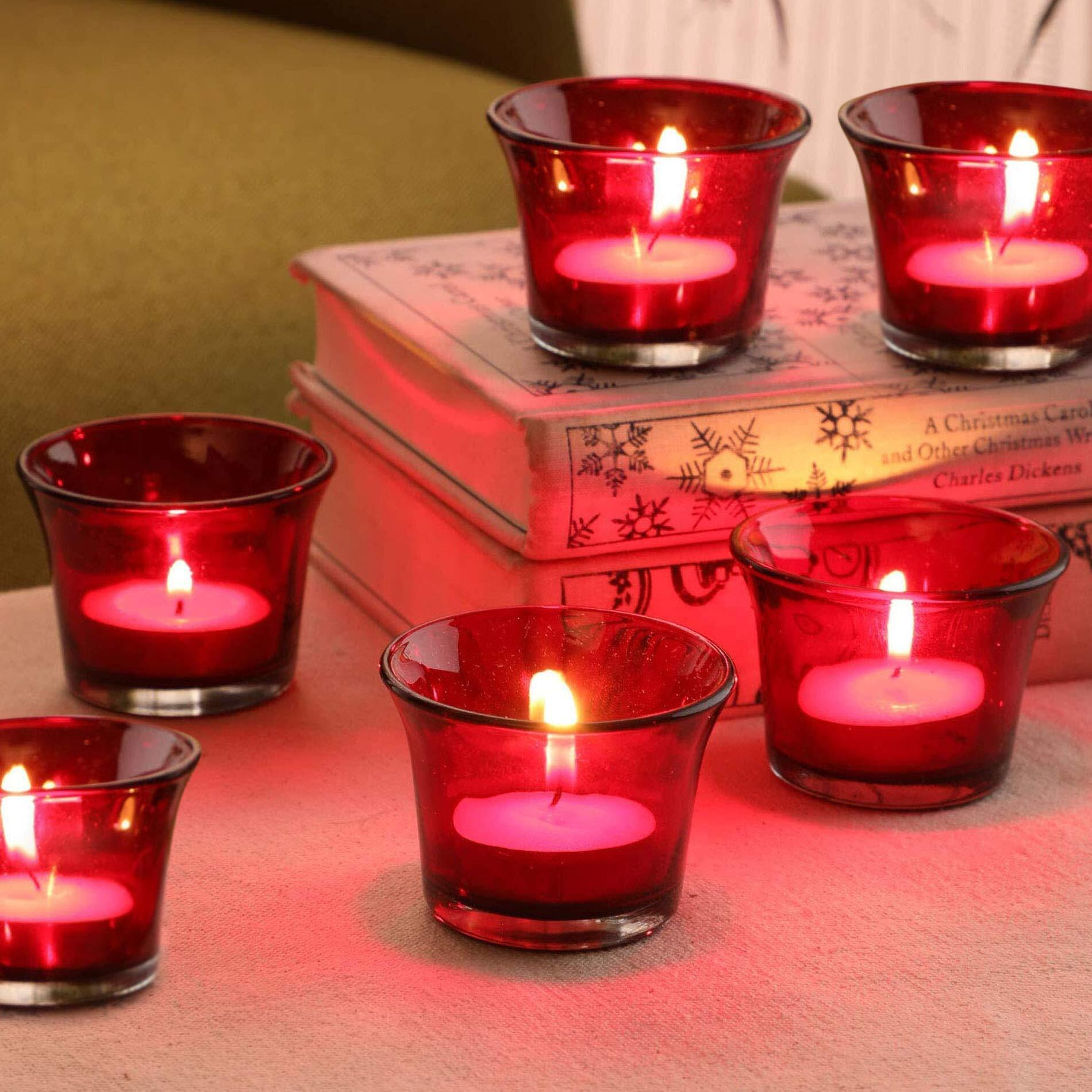 TIED RIBBONS Set of 6 Votive Glass Tealight Candle Holders Glass Votive - Decorations Items for Home Table Decor Restaurant Office Gifts (Glass, Red, 6.3 Cm X 4.5 Cm)