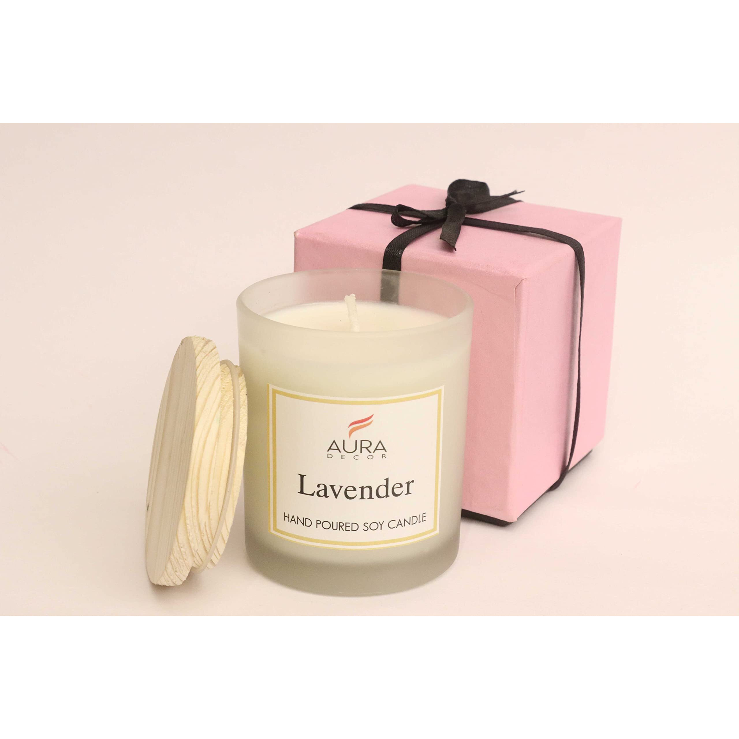 AuraDecor Hand Poured Fragrance Soy Wax Glass Candle 150 gm (with Wooden Lid & Comes in a Gift Box) | 100% Organic Wax Candle with Essential Oils (Frosted_Lavender)