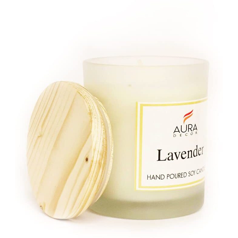 AuraDecor Hand Poured Fragrance Soy Wax Glass Candle 150 gm (with Wooden Lid & Comes in a Gift Box) | 100% Organic Wax Candle with Essential Oils (Frosted_Lavender)