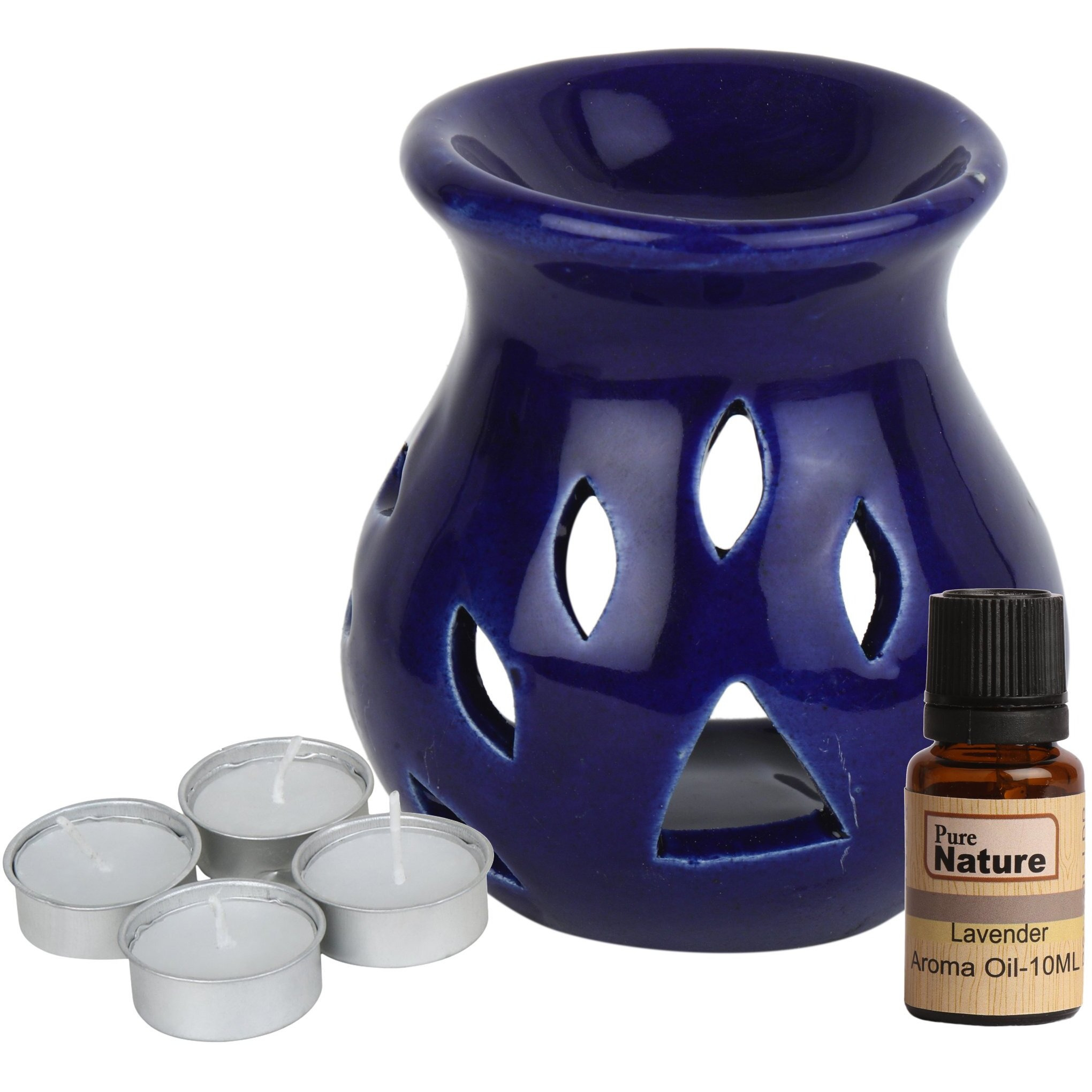 Pure Source India Ceramic Regular 10 Ml Lavender Aroma and 4 Tea Light Candle (Dark Blue, Oil Burner Set)