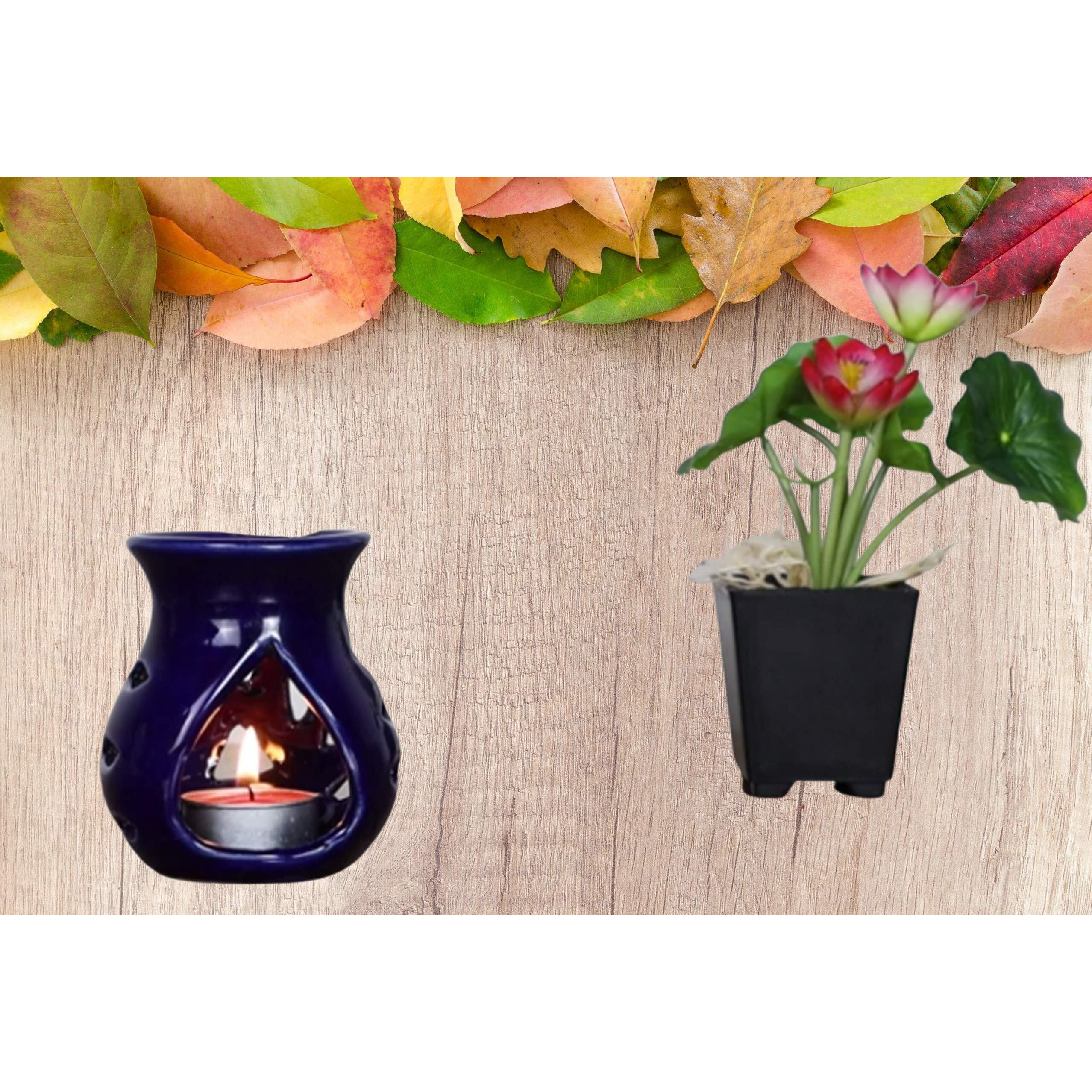 Pure Source India Ceramic Regular 10 Ml Lavender Aroma and 4 Tea Light Candle (Dark Blue, Oil Burner Set)