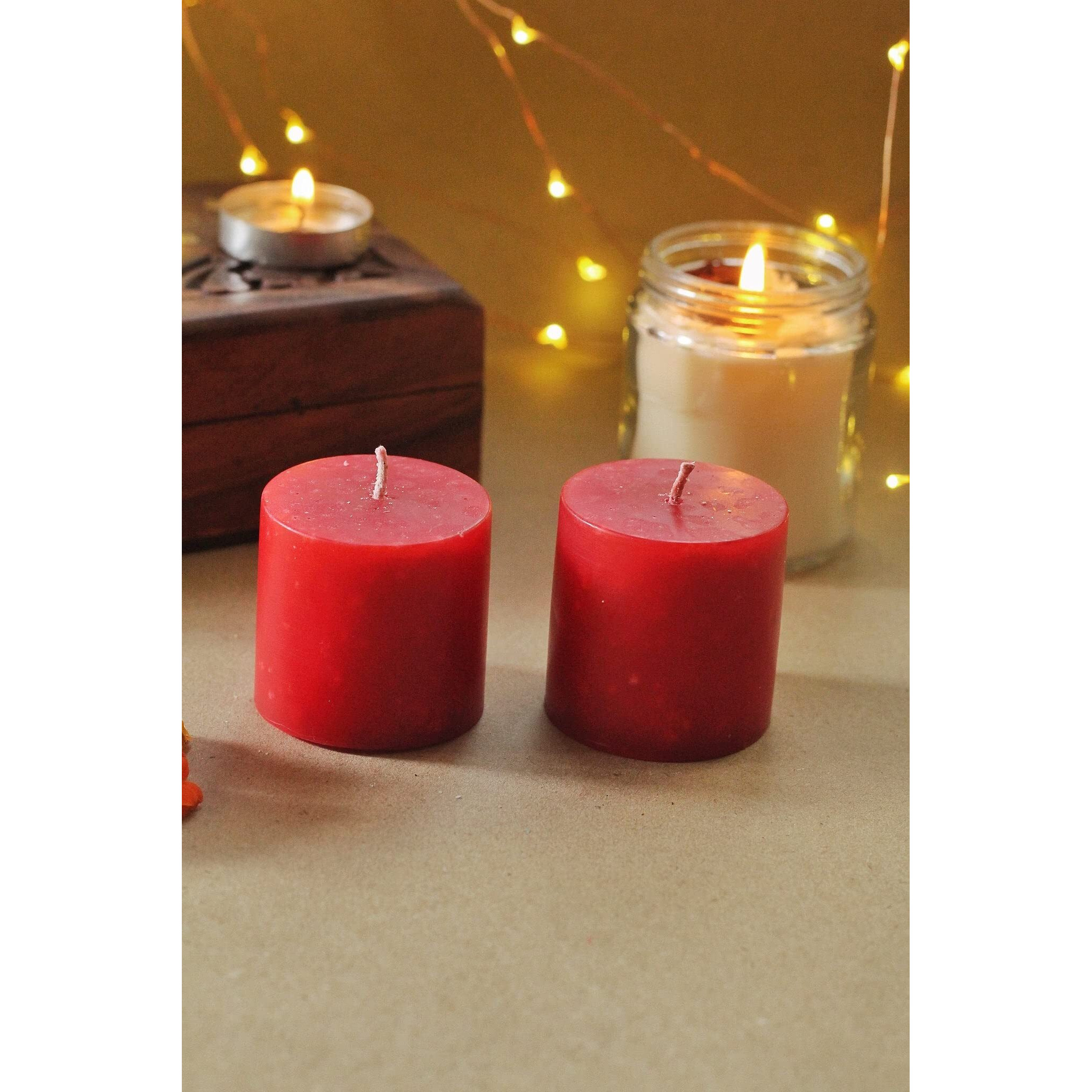 AuraDecor Unscented Red Pillar Candle | 2x2 Inch Size || Smokeless & Dripless Candle || 10 Hours Burning Time || Decoration, Best Gift, Celebration & Everyday use (Red, Pack of 12)