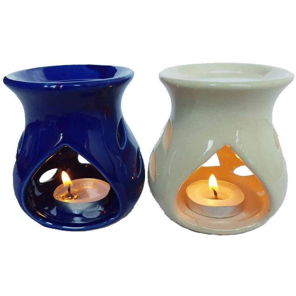 Mkd2 Rise Ceramic Candle Operated Aroma Burner Oil Diffuser Lamp (White & Blue) -Set of 2