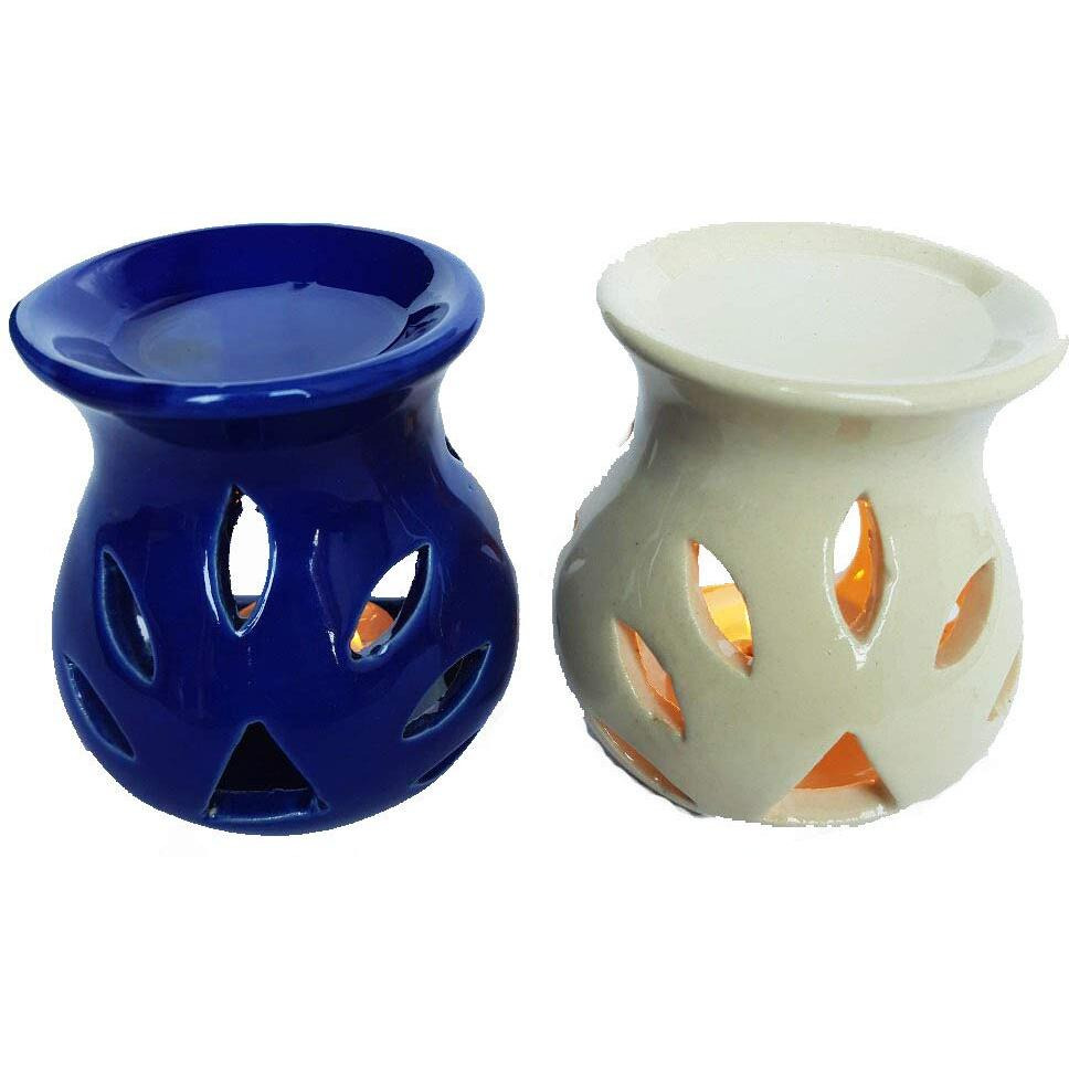 Mkd2 Rise Ceramic Candle Operated Aroma Burner Oil Diffuser Lamp (White & Blue) -Set of 2