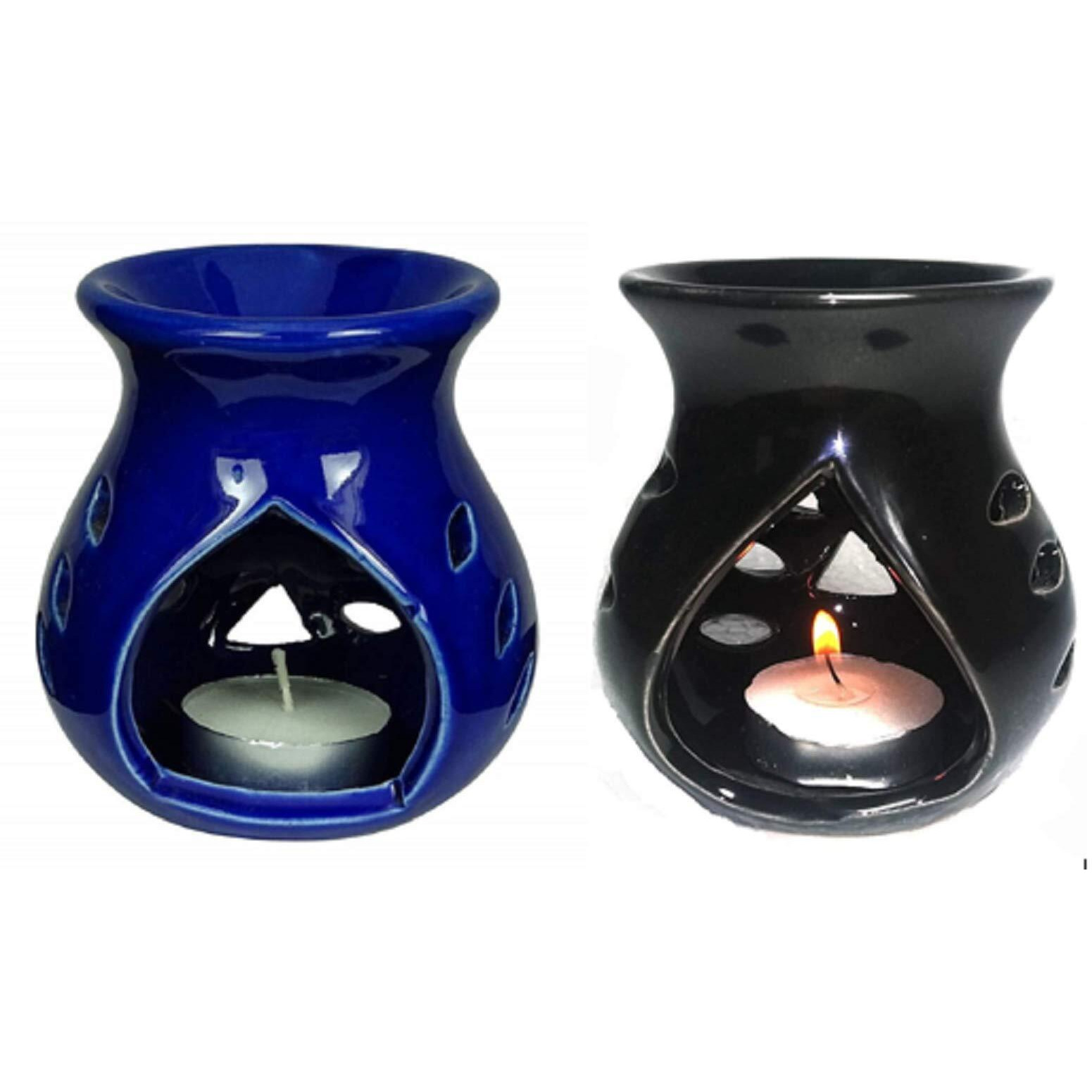 Mkd2 Rise Ceramic Clay Candle Operated Aroma Burner Oil Diffuser Lamp (Blue & Black) -Set of 2