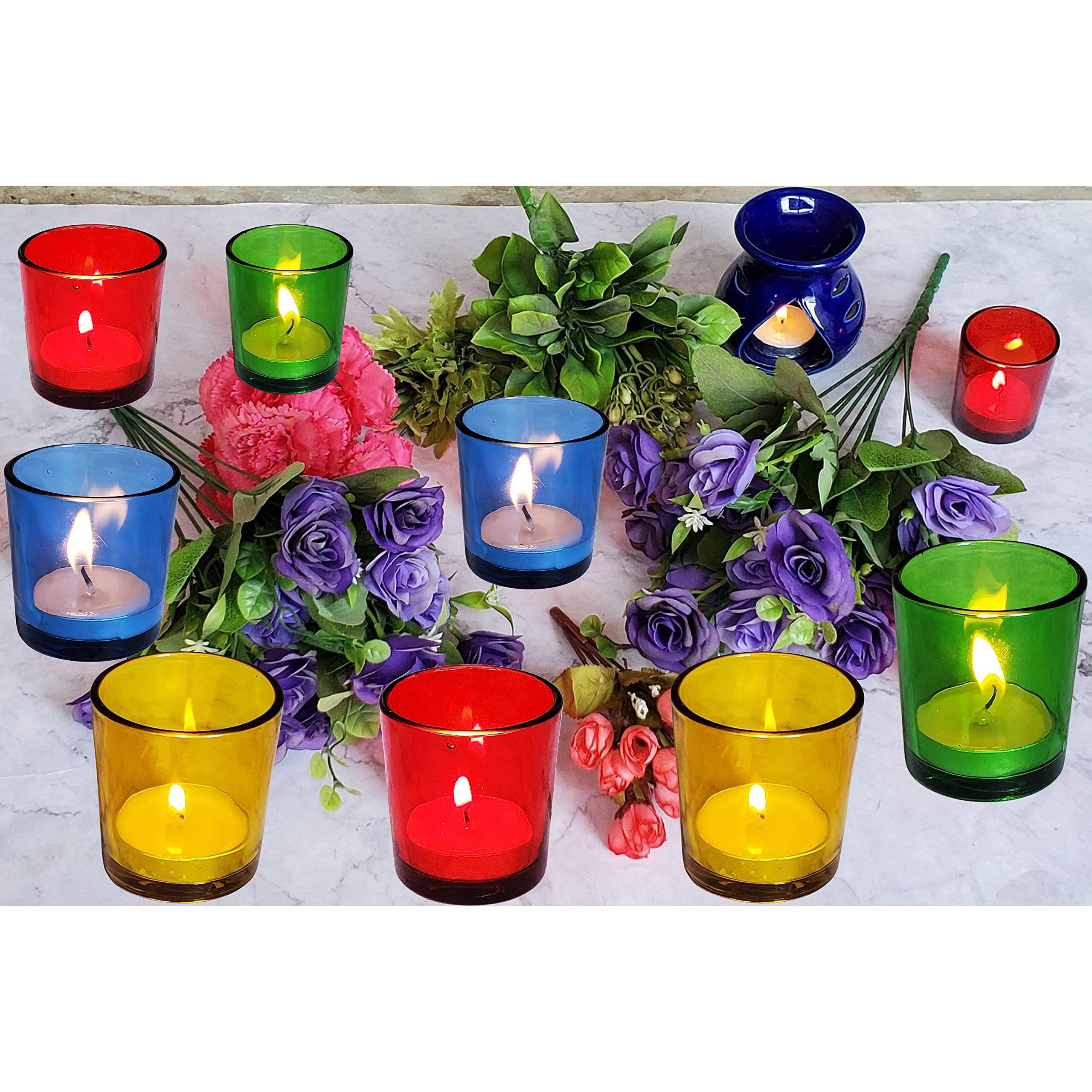 Pure Source India Multicolor Glass Votive Tealight Candle Holders - Living Room Side Table Home Decoration (Glass, Pack of 12