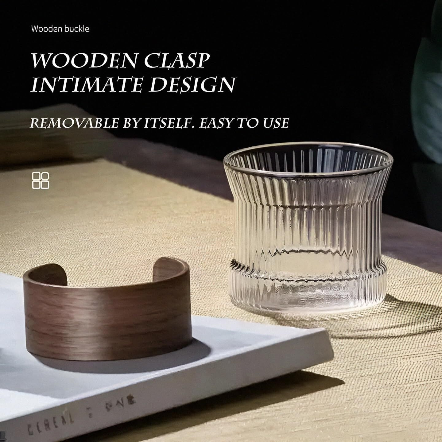 SQUARE LEAF Borosilicate Glass Cup with Removable Wooden Sleeve, Heat Resistance | Microwave and Dishwasher Safe | for Tea Coffee Green/Lemon Tea Candle Cup| 170ML.| Stripes Design | (Pack of 2)