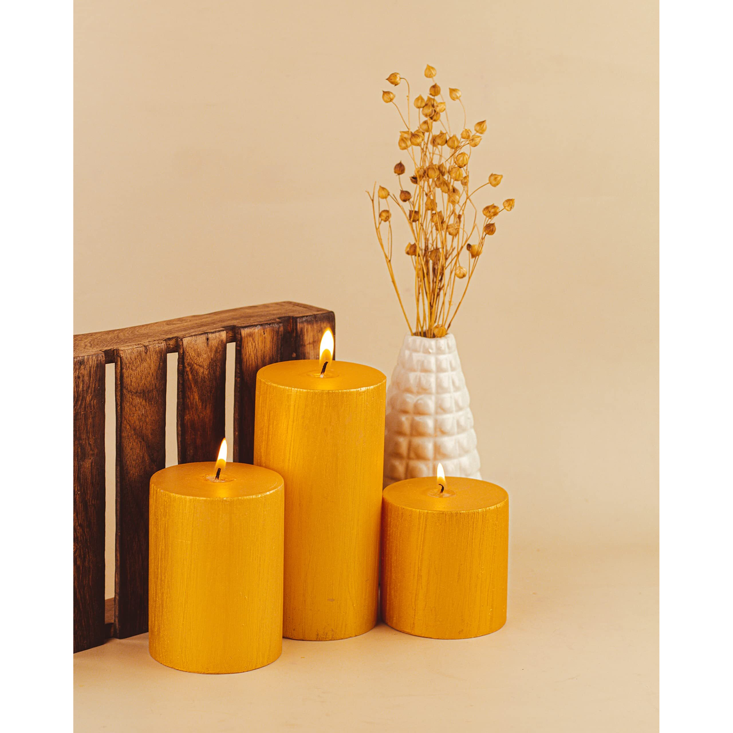 AuraDecor Unscented Pillar Candle Set of 3 (3inch*3inch, 3inch*4inch, 3inch*6inch) || Unscented Candles || Long Burning Candles || Gift Set || Set of 3 || Pillar Candle. (Golden)