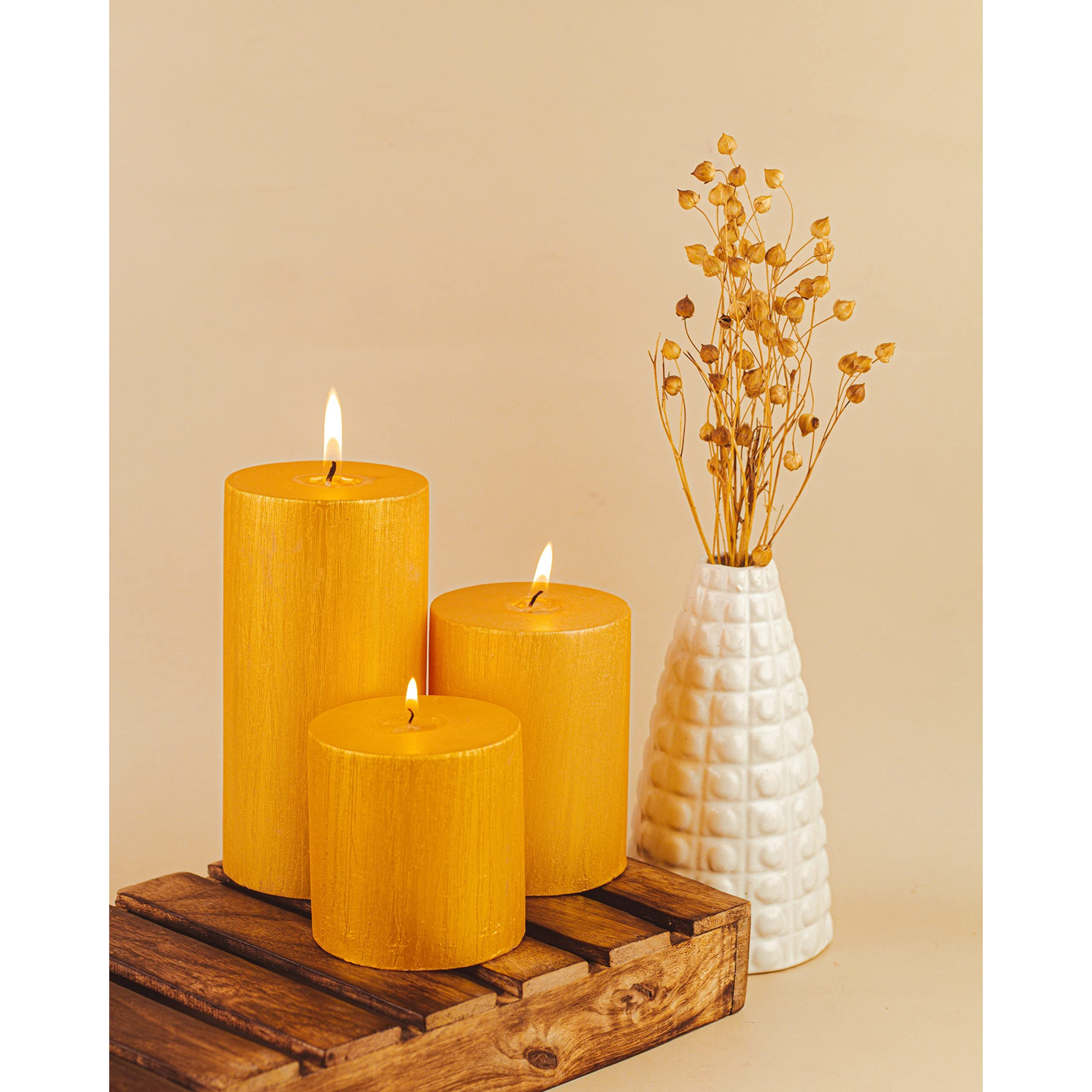AuraDecor Unscented Pillar Candle Set of 3 (3inch*3inch, 3inch*4inch, 3inch*6inch) || Unscented Candles || Long Burning Candles || Gift Set || Set of 3 || Pillar Candle. (Golden)