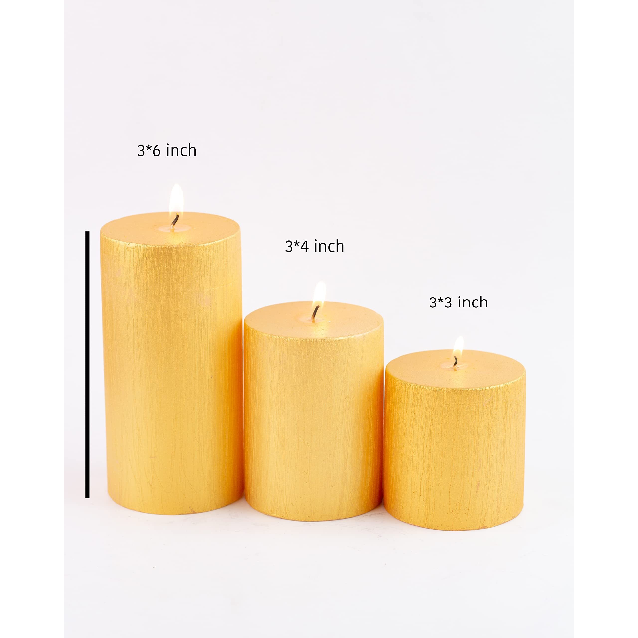 AuraDecor Unscented Pillar Candle Set of 3 (3inch*3inch, 3inch*4inch, 3inch*6inch) || Unscented Candles || Long Burning Candles || Gift Set || Set of 3 || Pillar Candle. (Golden)