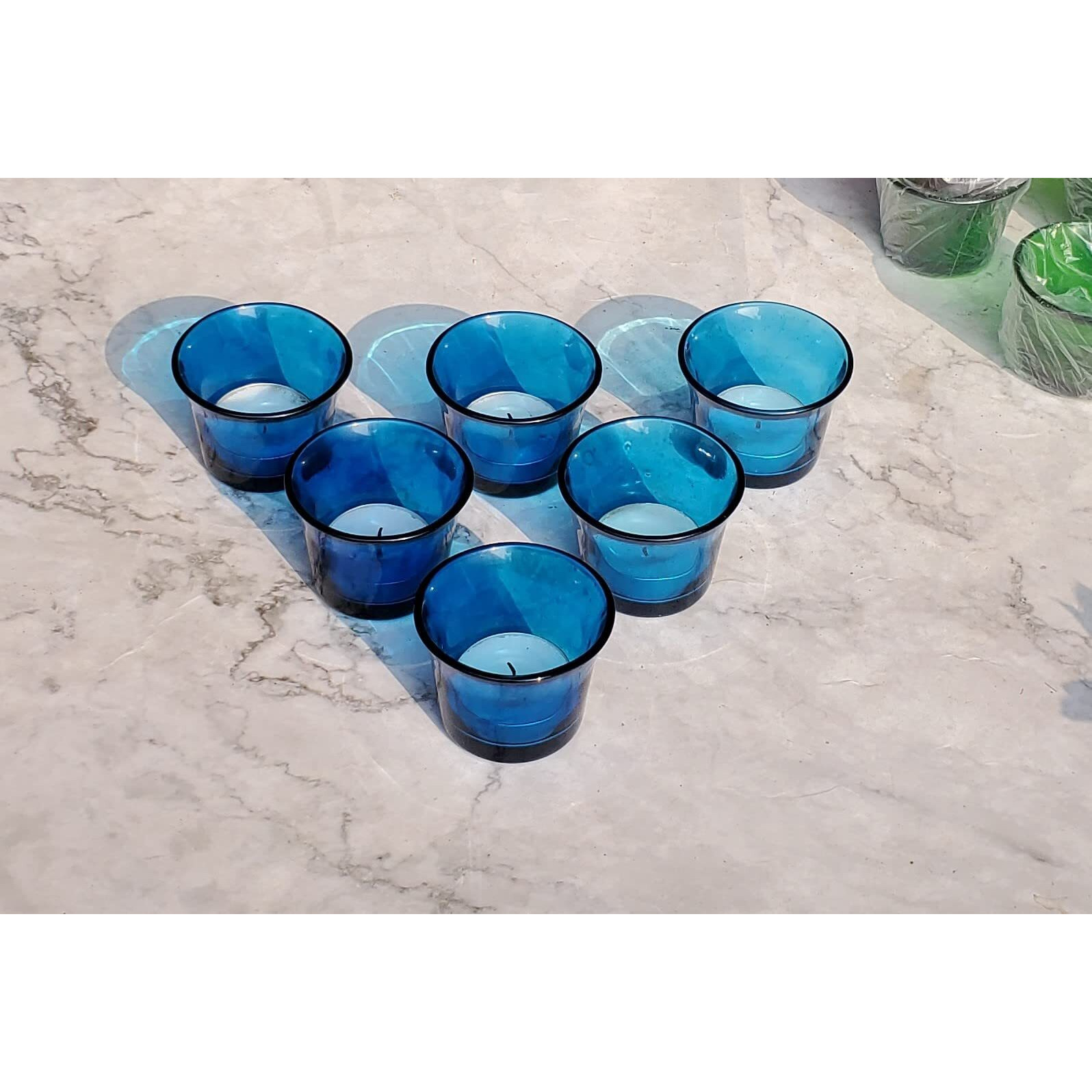 Pure Source India Glass Votive Tealight Candle Holders - Living Room Side Table Home Decoration (Glass, Pack of 6, Blue)
