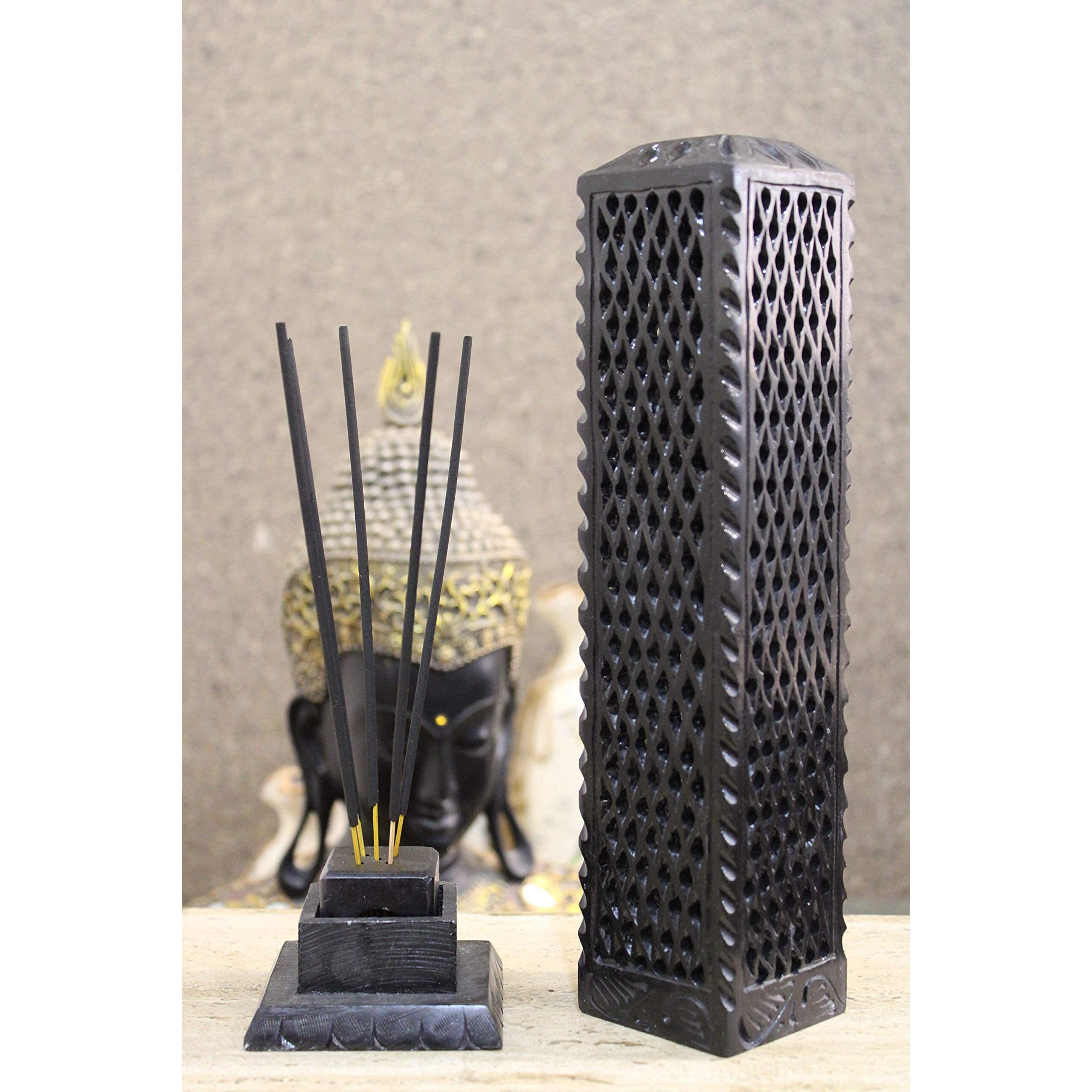 KC KULLICRAFT Marble Incense Stick Holder Agarbatti Stand Candle Burner/Handmade Black Carving Soapstone for Home Decor(Square)