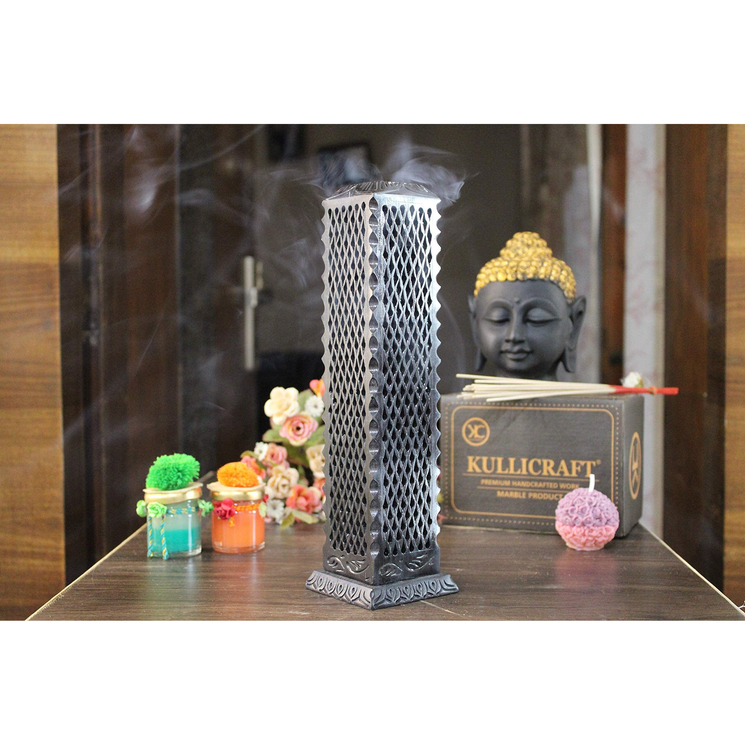 KC KULLICRAFT Marble Incense Stick Holder Agarbatti Stand Candle Burner/Handmade Black Carving Soapstone for Home Decor(Square)