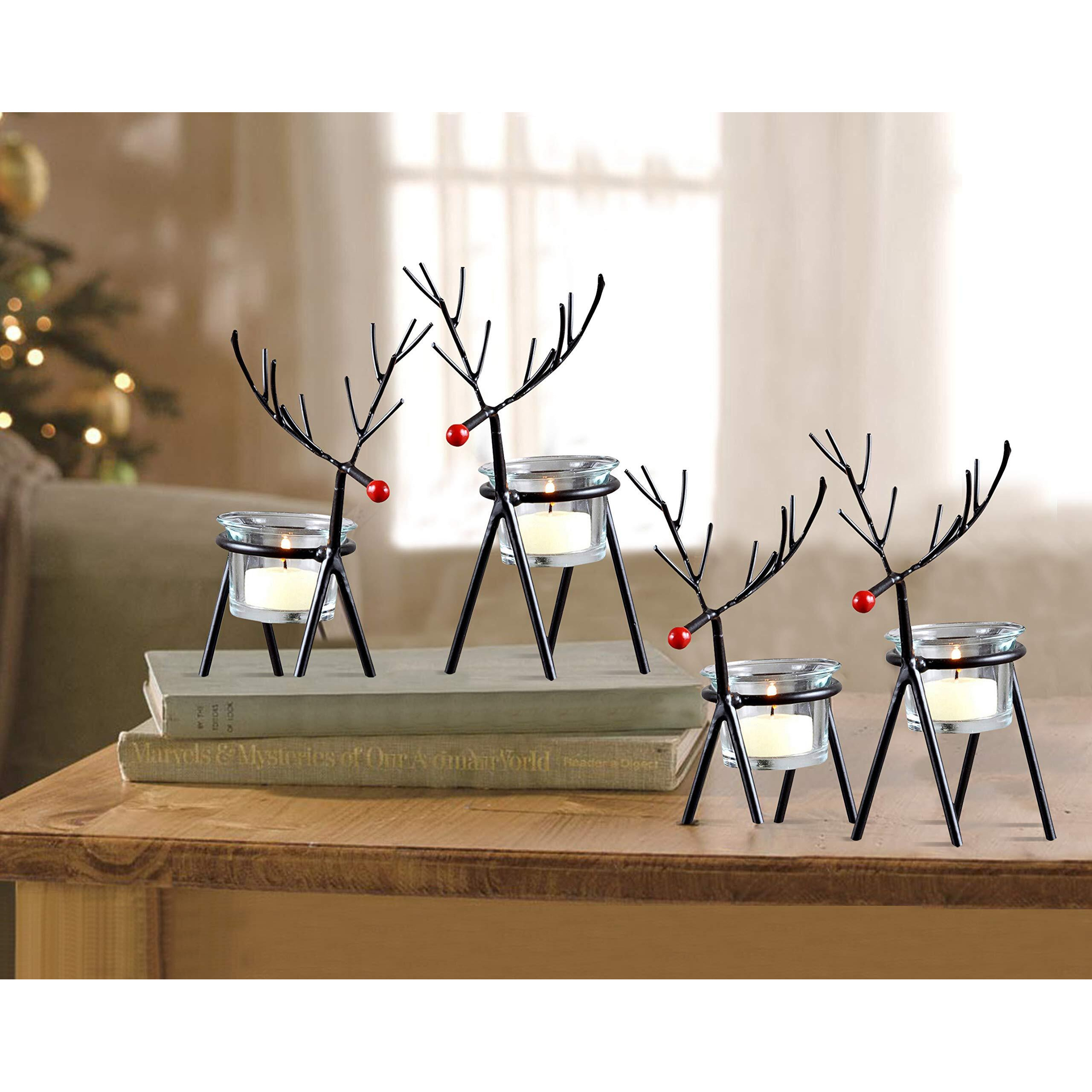 TIED RIBBONS Pack of 4 Christmas Reindeer Tealight Candle Holders with Glass Holders - Christmas Decorations items for Home Office Church Table Decoration Indoor Outdoor Xmas Decor Gifts (Iron)