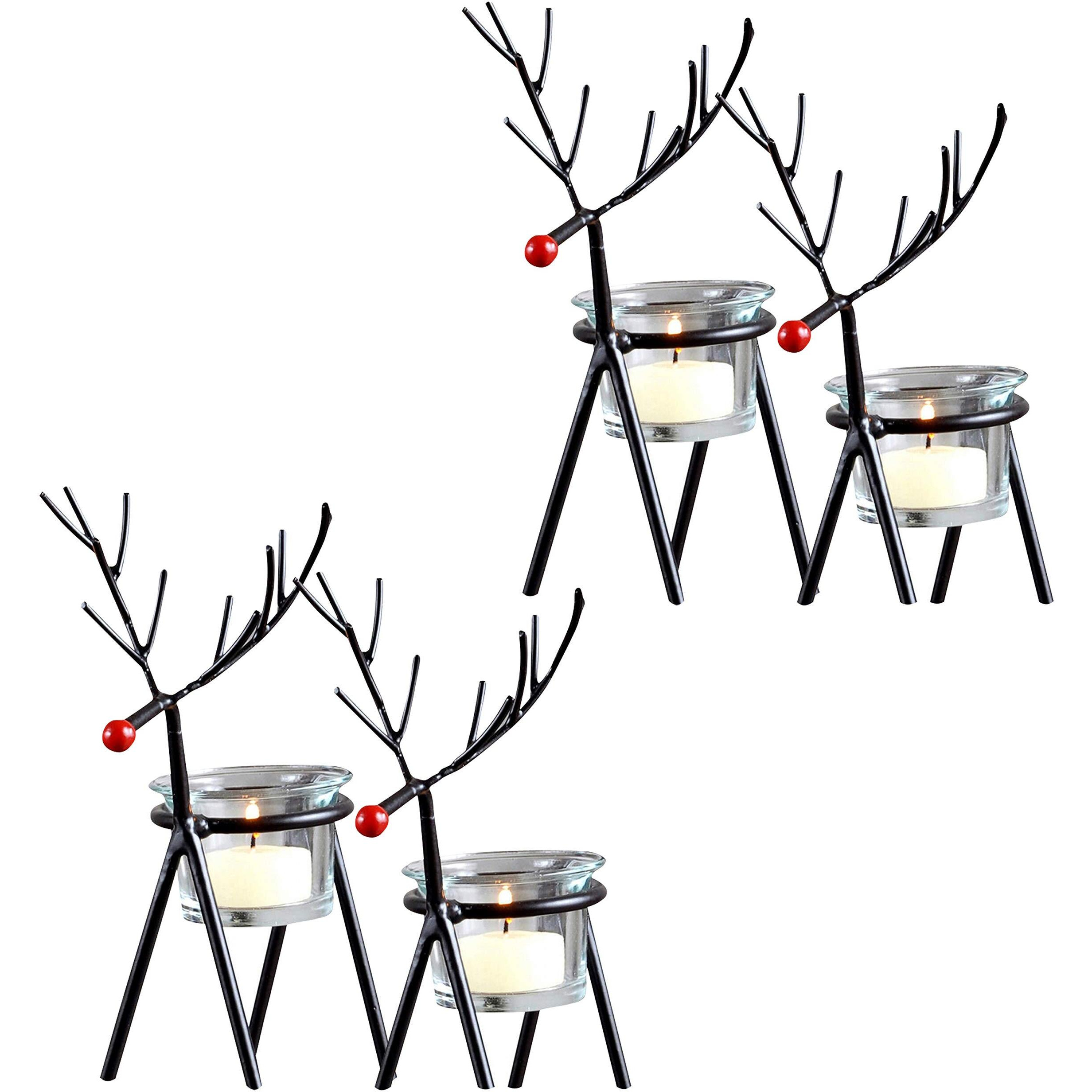 TIED RIBBONS Pack of 4 Christmas Reindeer Tealight Candle Holders with Glass Holders - Christmas Decorations items for Home Office Church Table Decoration Indoor Outdoor Xmas Decor Gifts (Iron)