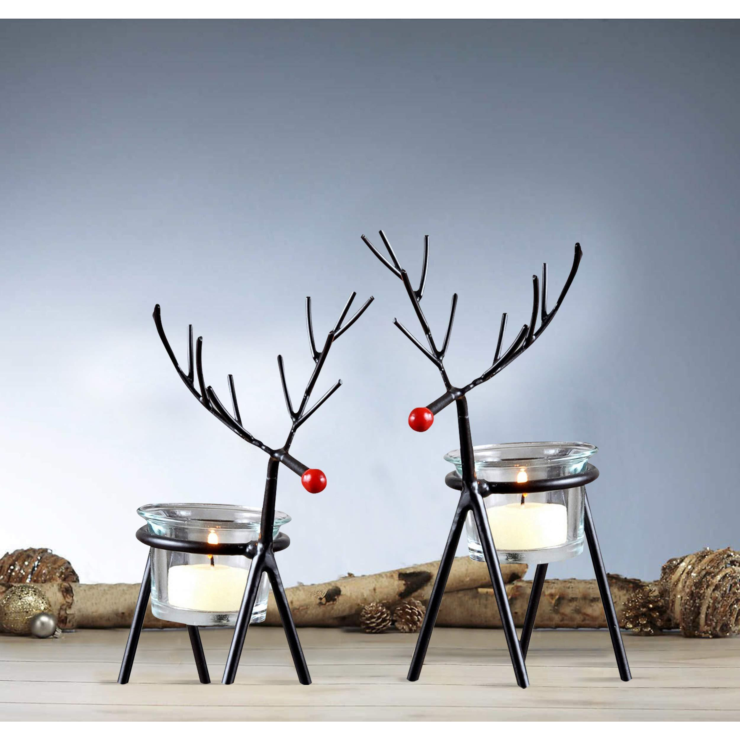 TIED RIBBONS Pack of 4 Christmas Reindeer Tealight Candle Holders with Glass Holders - Christmas Decorations items for Home Office Church Table Decoration Indoor Outdoor Xmas Decor Gifts (Iron)